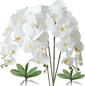 FagusHome 32" Artificial Phalaenopsis Flowers 4 Pcs with 2 bundles Leaves Artificial Orchid Flowers Stem Plants for Home Décor (White)