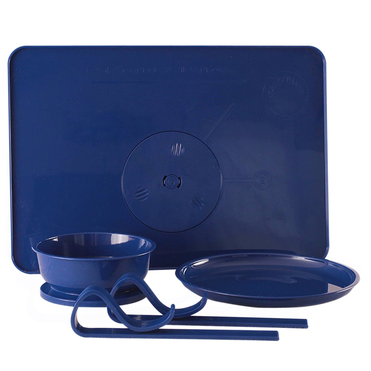 Kids Stay Put Dining and Dinnerware Set, Locking Bowl and Plate with Placemat Tray That Locks to Any Dinner Table, Perfect for Messy Infants or Children, Blue