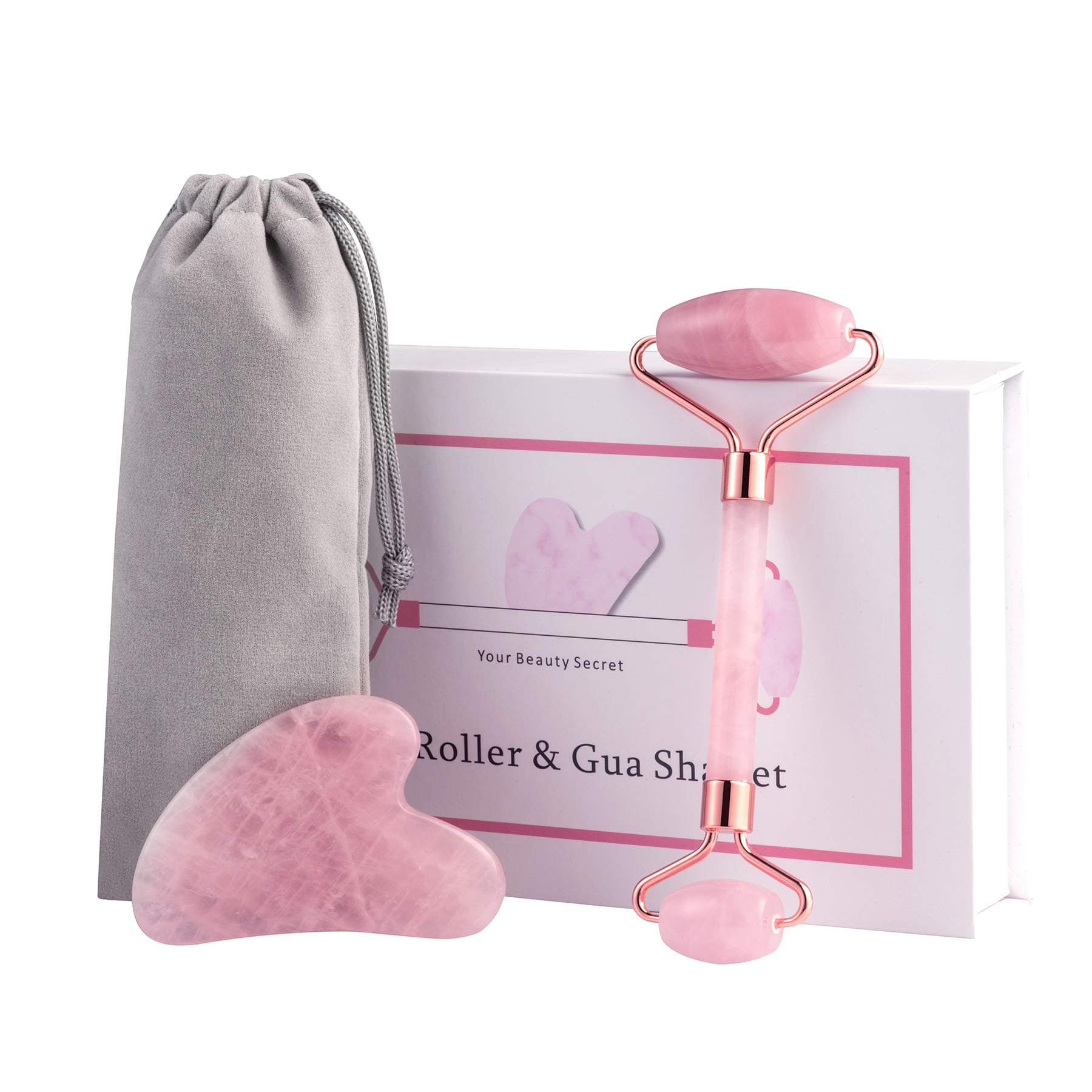 Jade Roller-Rose Quartz Roller and Gua Sha Beauty Set - 100% Original Natural Jade Stone -Jade Roller for Face, Eye Puffiness, Body, Skin - Reduce Wrinkles Aging- Authentic, Durable, Noiseless Design.