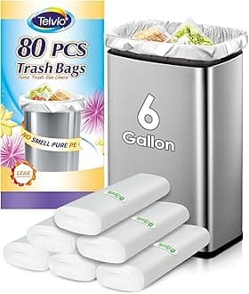 Teivio 6 Gallon 80 Counts Medium Garbage Bags Trash Bags, Bathroom Trash Can Bin Liners, Plastic Bags for home office kitchen,Garden Outdoors waste,Clear