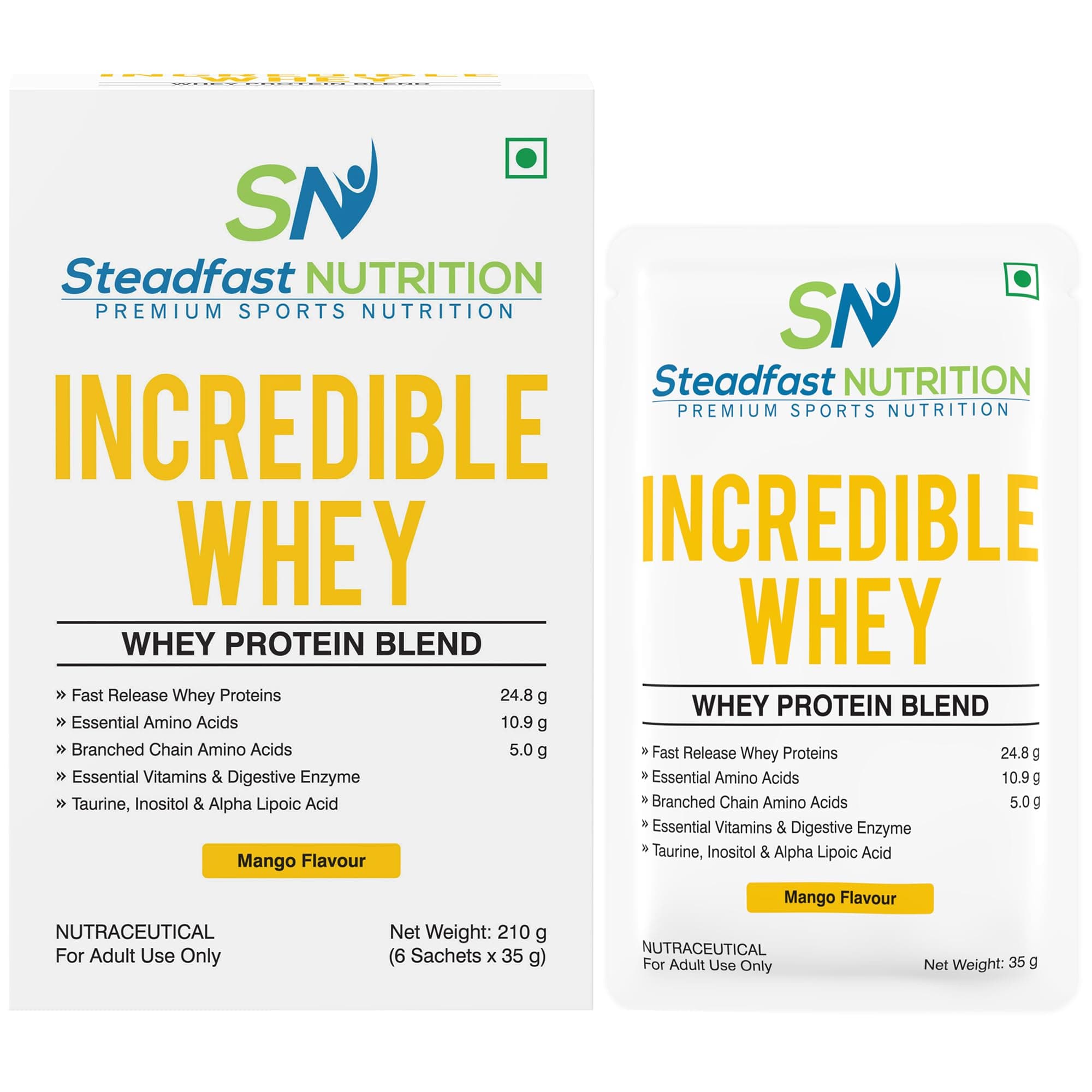 - Incredible Whey Protein Blend Essential Amino Acids Protein Powder (Mango 6 Sachets, 210g)