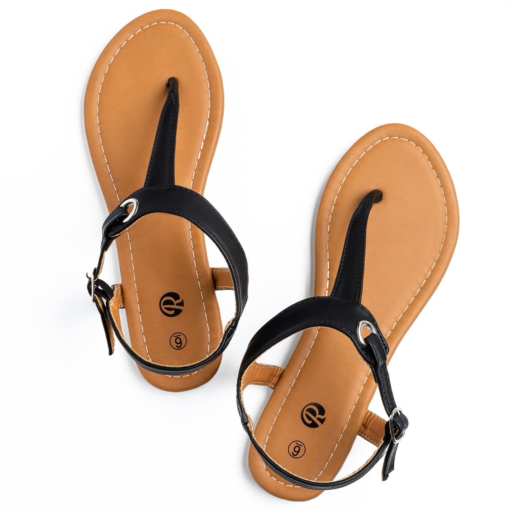 Flat Thong Sandals with T-Strap and Adjustable Ankle Buckle for Women