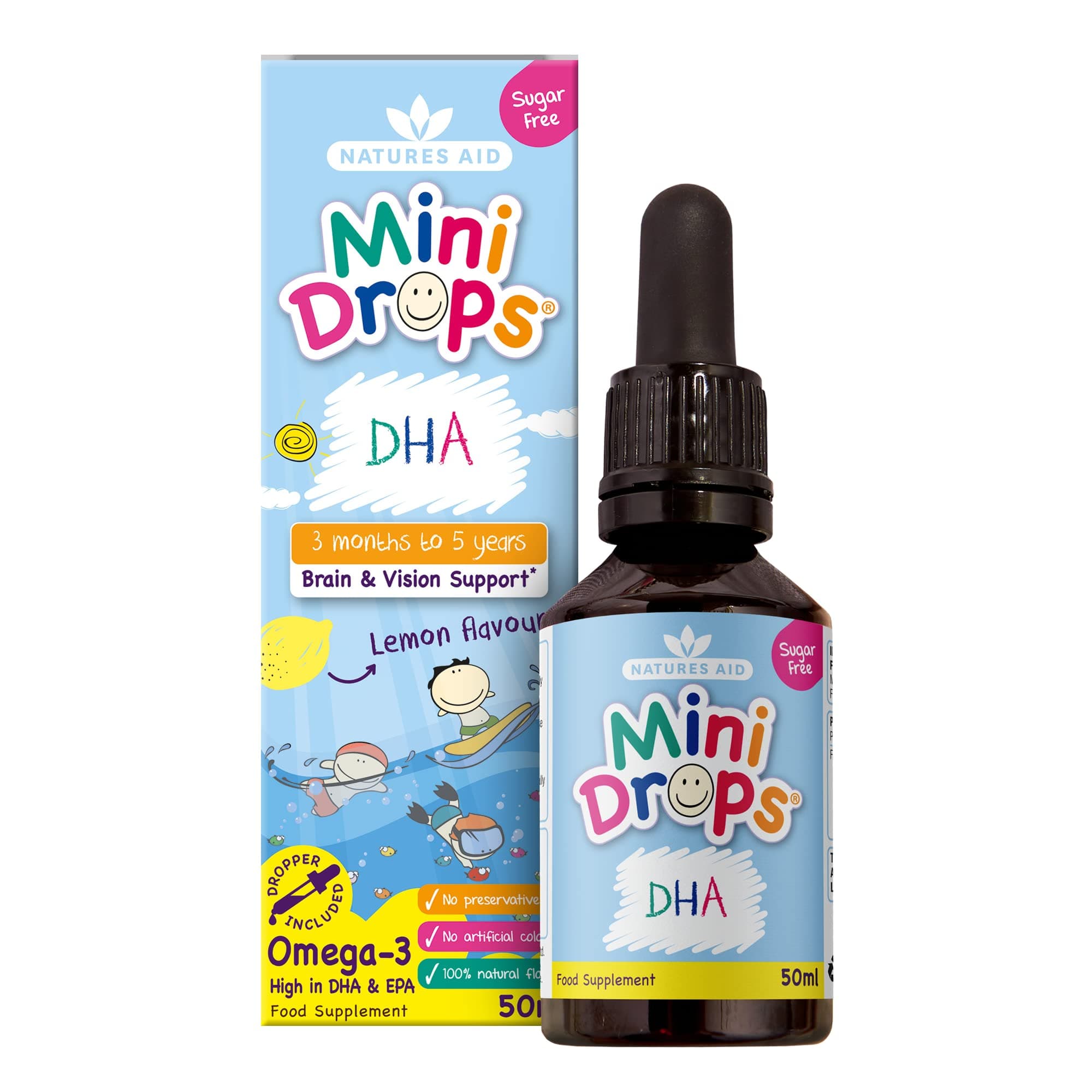 Mini Drops DHA with Omega-3 | for 3 Months to 5 years Children | High EPA & DHA Levels | Sustainably Sourced Fish Oil | Sugar-Free | Lemon Flavor, 50ml