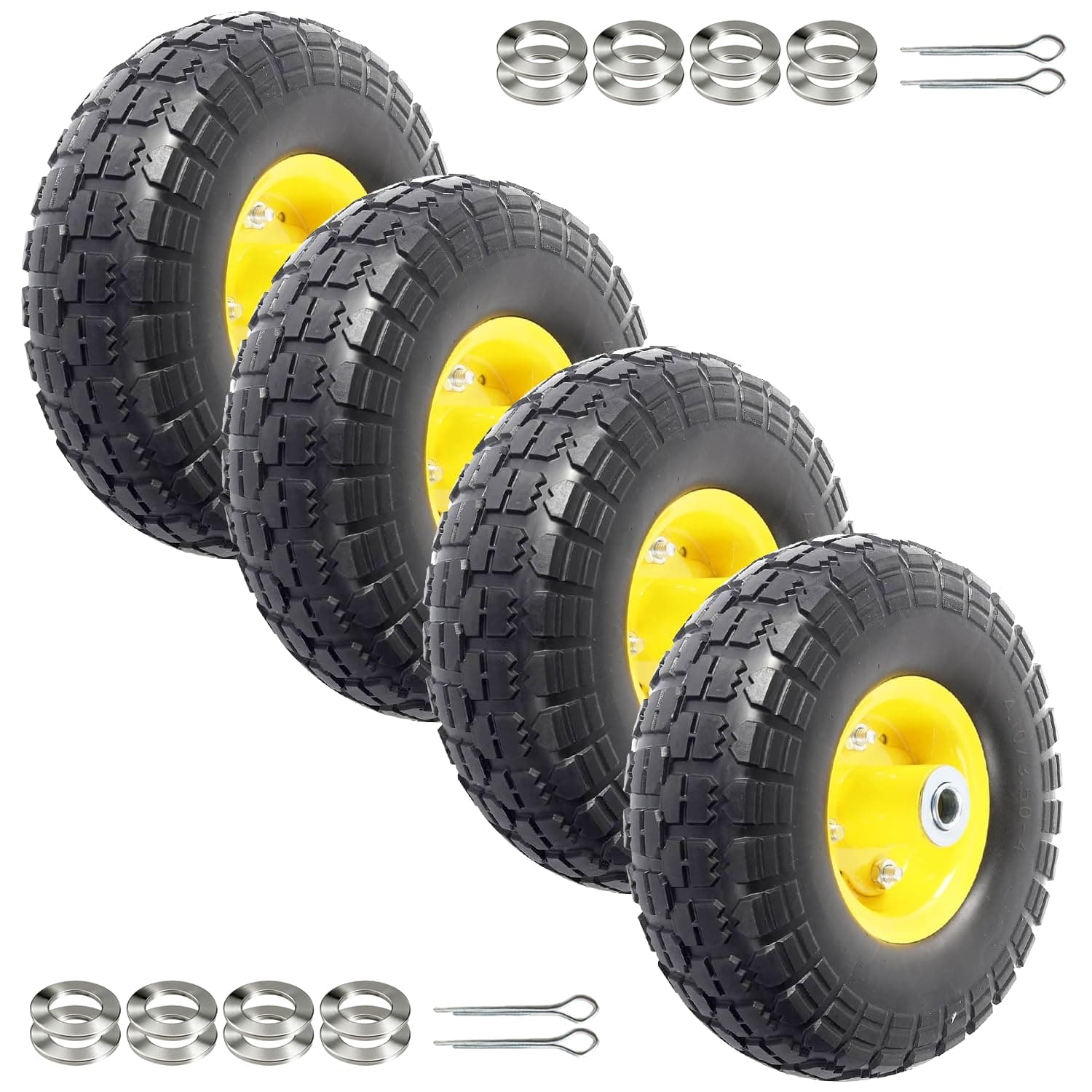 AR-PRO (4-Pack) 4.10/3.50-4" Flat Free Tire and Wheel - 10 Inch Solid Rubber Tires with 5/8" Bearings, 2.2" Offset Hub - Compatible with Garden Wagon Carts,Hand Truck,Wheelbarrow,Dolly,Utility Cart