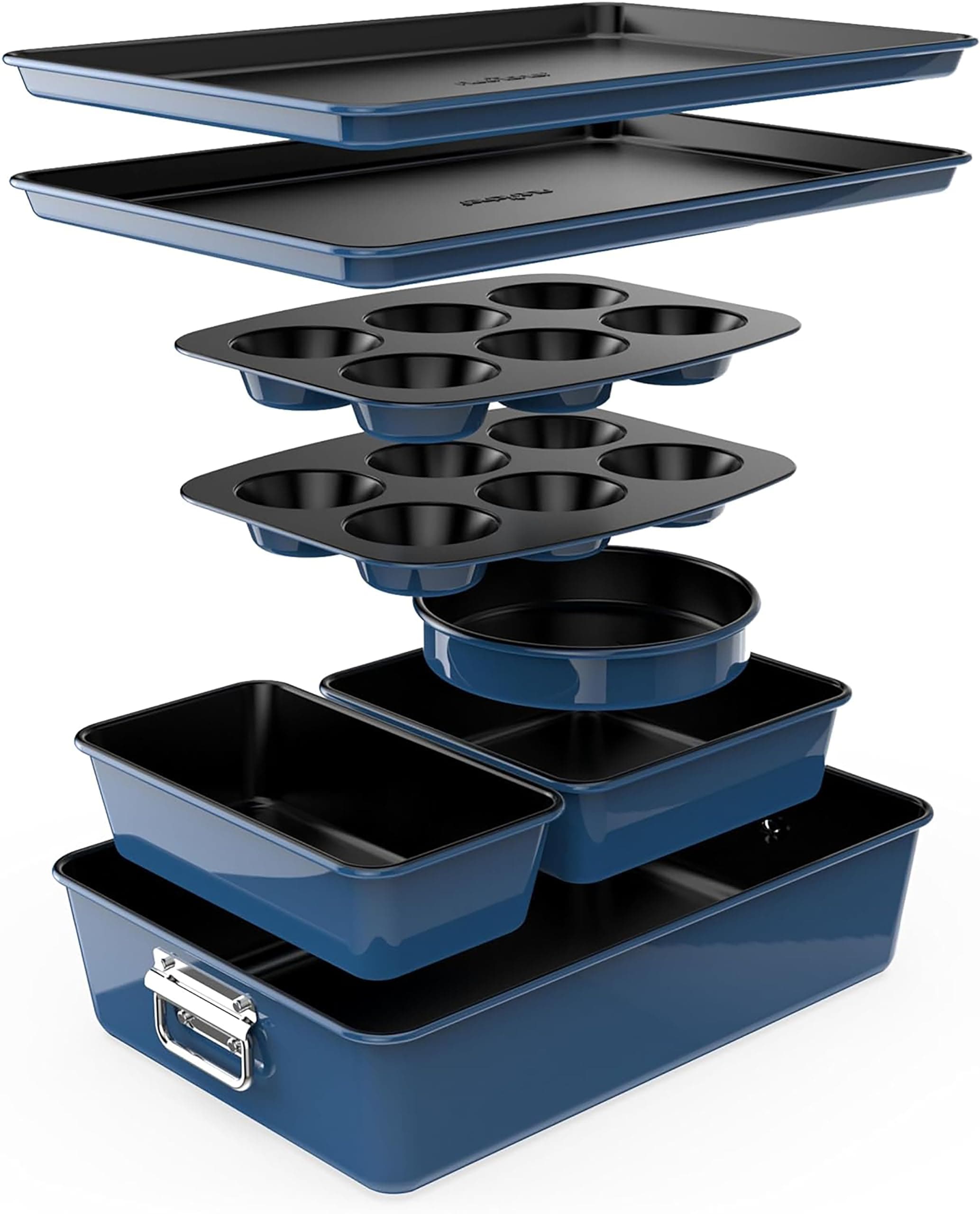 8-Piece Nonstick Stackable Bakeware Set - PFOA, PFOS, PTFE Free Baking Tray Set w/Non-Stick Coating, 450°F Oven Safe, Round Cake, Loaf, Muffin, Wide/Square Pans, Cookie Sheet (Blue)