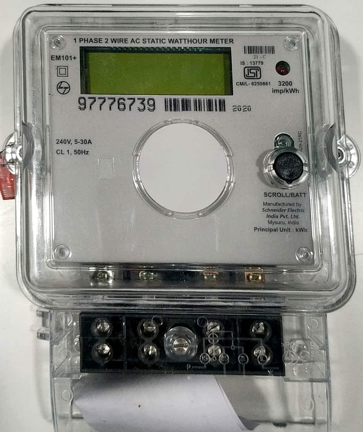 L&T make single phase 2 wire 240V 5-30 Amp CL1.0 Energy meter sub meter