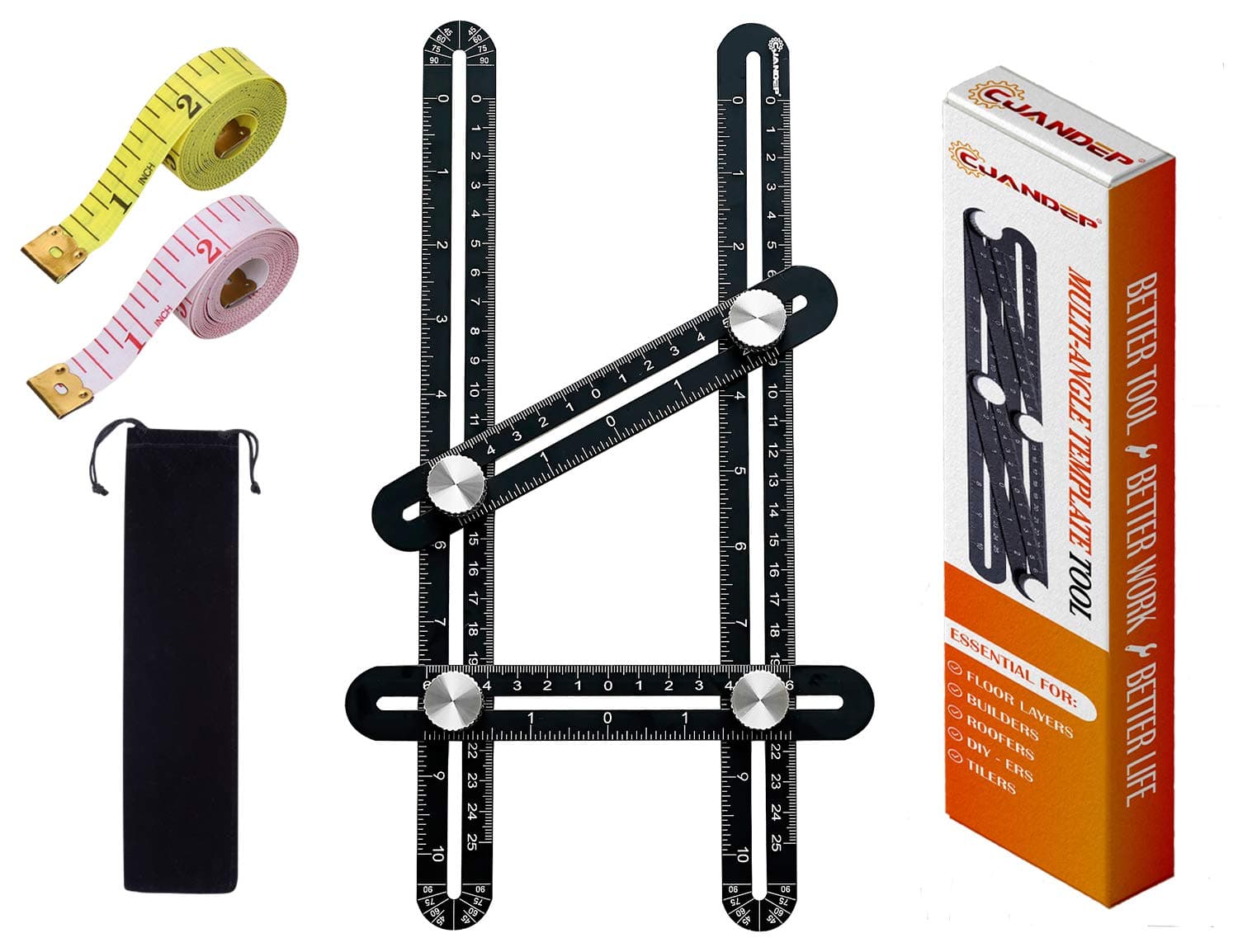 Angle Measurement Tool | Aluminum Alloy Angle Template Tool | Universal Angle Ruler | 5 Bonus Items - Protective Pouch, 2 Tape Measures, Instruction and High-Grade Packing Box