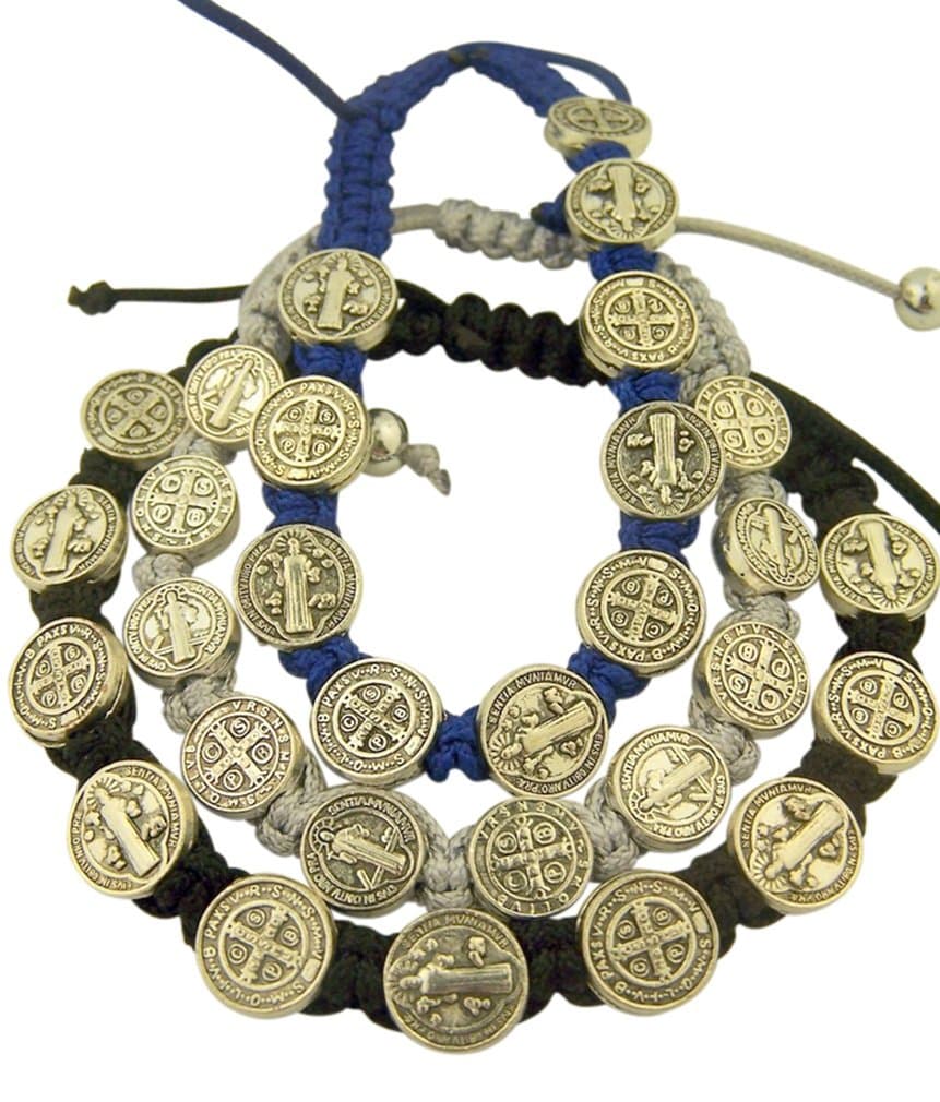 Catholic Brands Saint Benedict Evil Protection Medal on Adjustable Cord Bracelet, Set of 3, 8 Inch