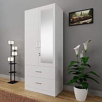 VIKI Wardrobe | Wooden Almirah for Clothes,Door for Bedroom, 2 Door Wardrobe with Drawer, Mirror & Hanging Space (Frosty White - 40D x 80W x 180H) | 1 Year Warranty | Free Assembly
