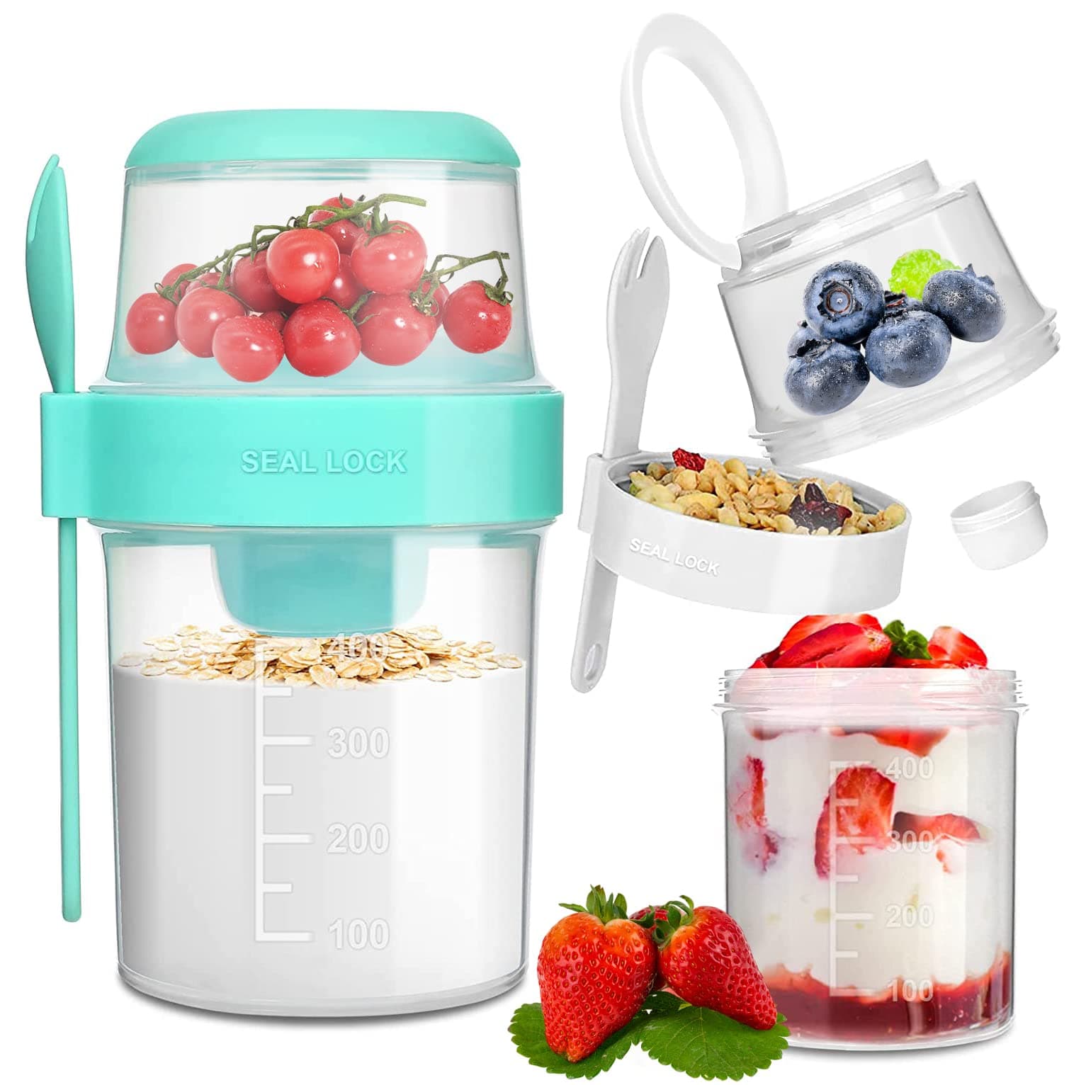 Overnight Oats Container 26oz 2 Pack, 2- Tier With Lid And Spoon, Yogurt Oatmeal Container On The Go, Oats Jars With Lid, Crunch Cup Portable Cereal And Milk To Go Container