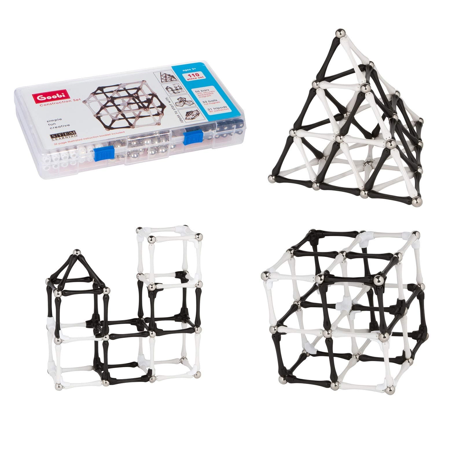 110 Piece Construction Black and White Set Building Toy Active Play Sticks STEM Learning Creativity Imagination Children’s 3D Puzzle Educational Brain Toys for Kids with Instruction Booklet