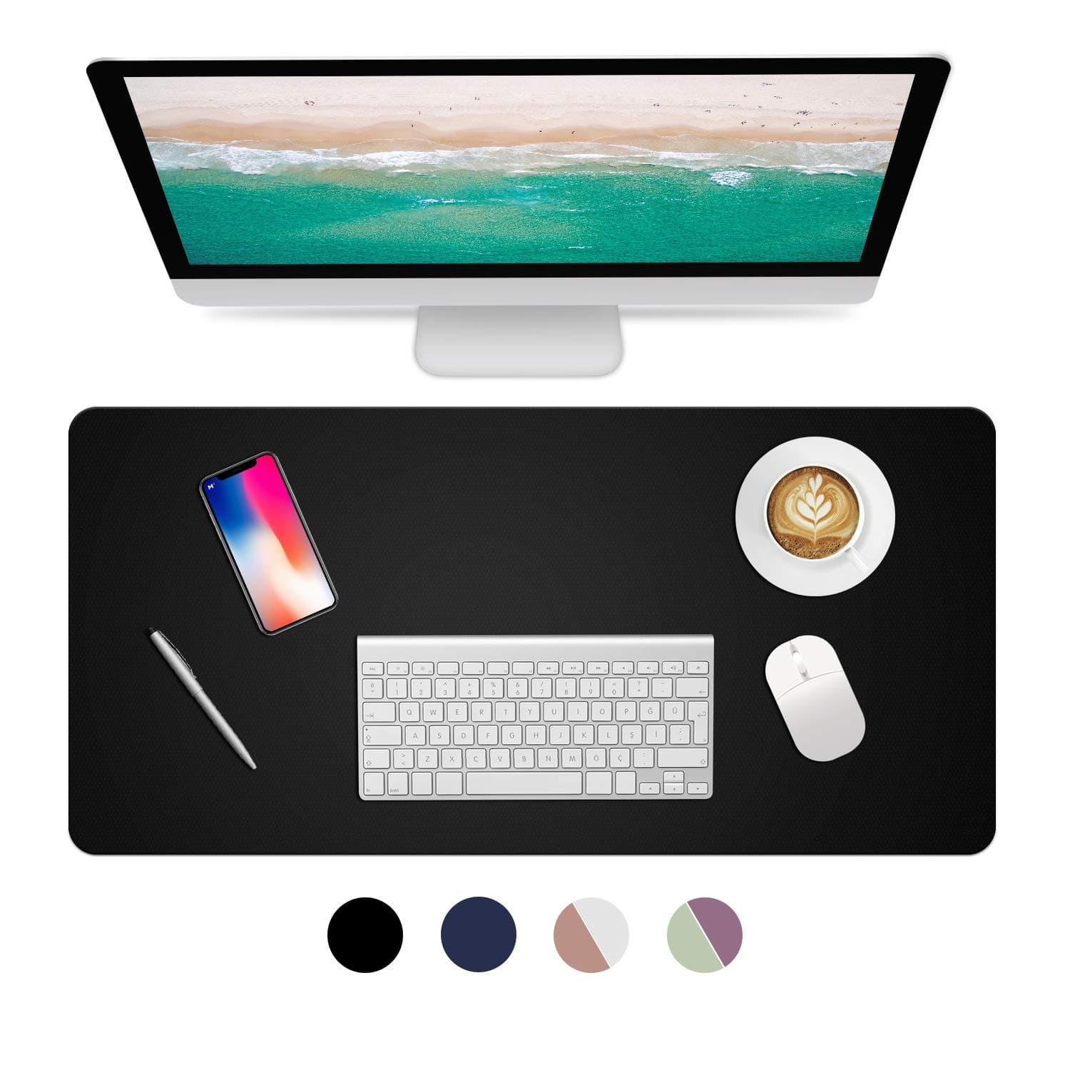 Mouse Pad, Eocean Large Desk pad for laptop, Dual Sided Leather Desk Mat with Strap,Waterproof Keyboard and Mouse Pad (Black,80 x 40cm)