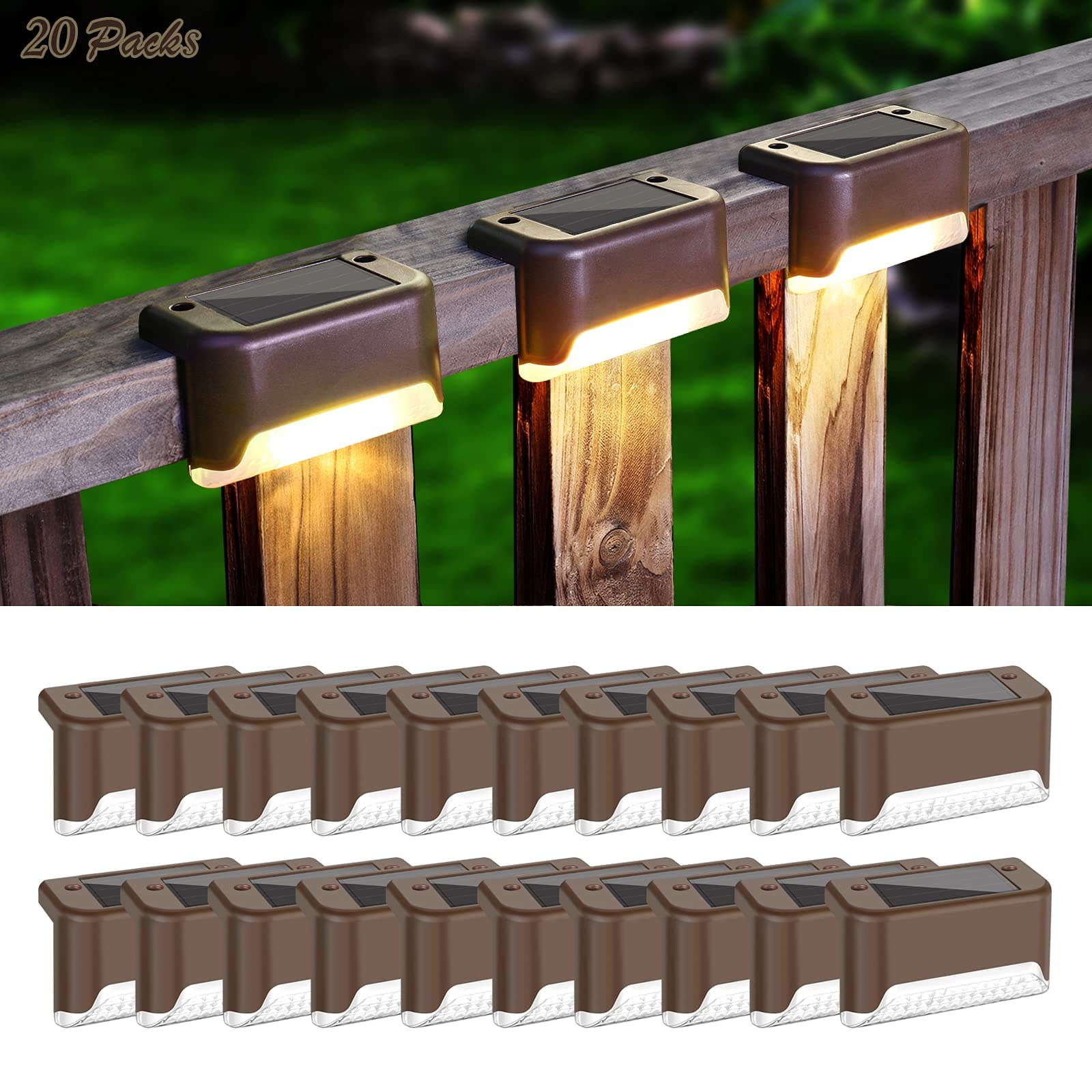 MAXvolador 20-Pack Deck Lights, Solar Powered Step Light Waterproof, LED Outdoor Fence Lighting Bronze Finished for Stairs Patio Path Yard Garden Decor, Warm White