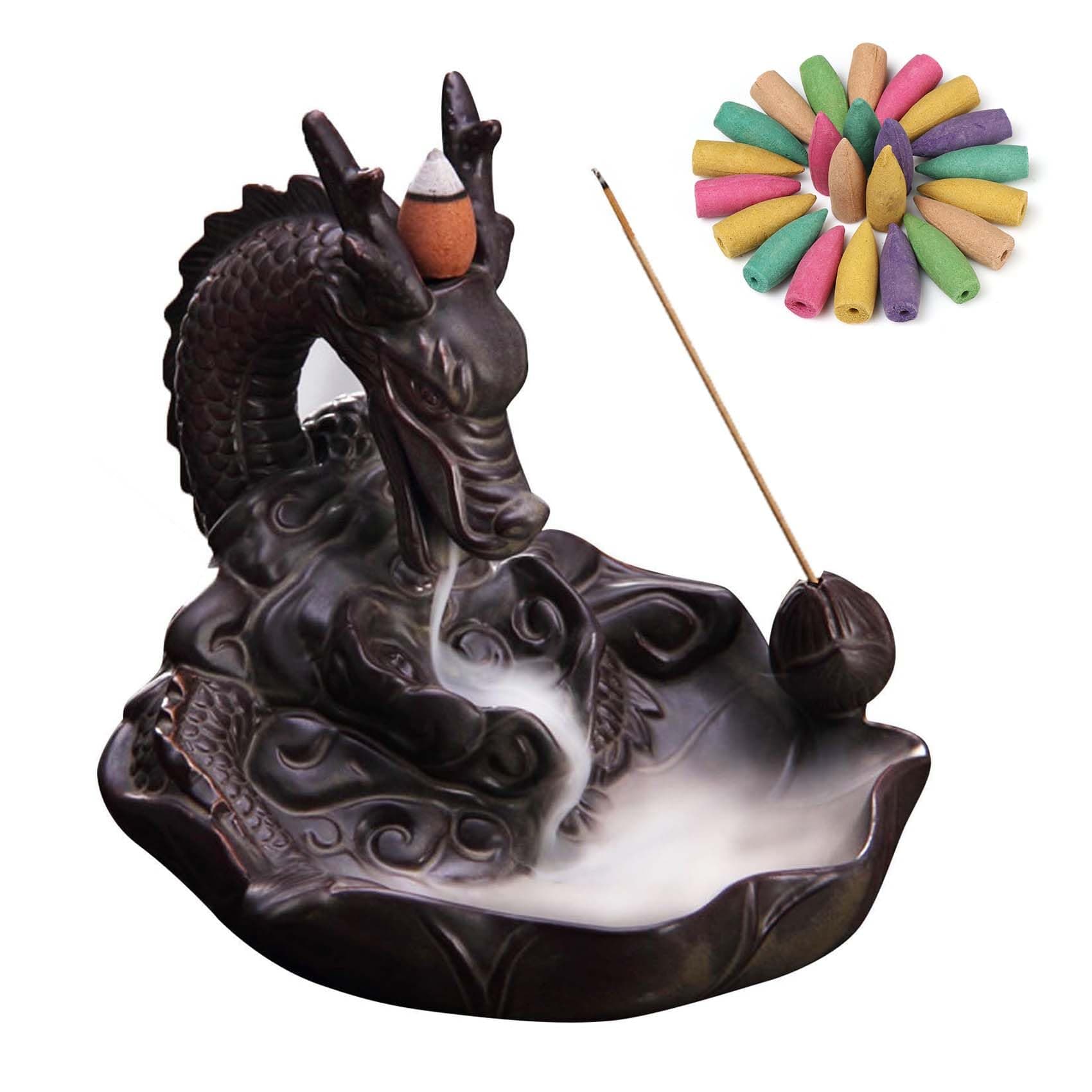 XUDREZ Ceramic Dragon Backflow Incense Burner, Home Decorate Waterfall Incense Holder with 20pcs Cones