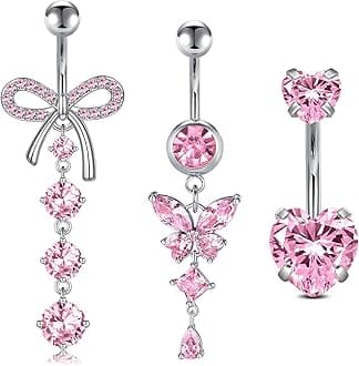 LAURITAMI14G Dangle Belly Button Rings - Surgical Steel Silver and Rose Gold CZ Piercing Jewelry for Women