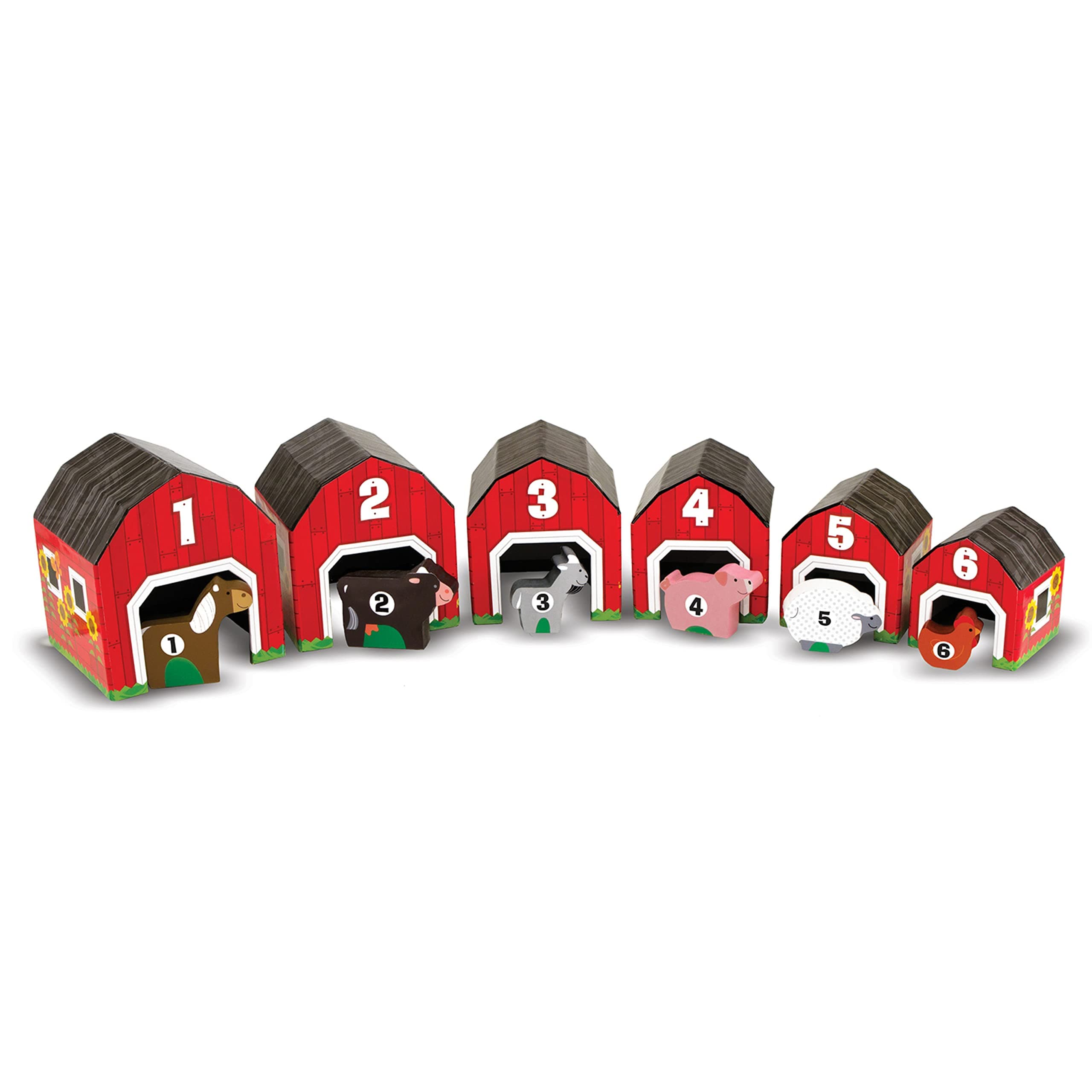 Nesting and Sorting Barns and Animals with 6 Numbered Barns and Matching Wooden Animals