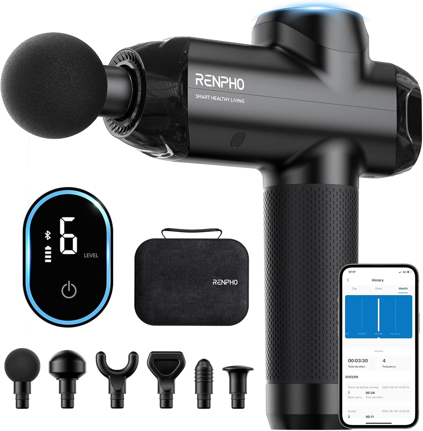 RENPHO Power+ Massage Gun Deep Tissue with Bluetooth, Percussion Muscle Massage Gun with 12mm Amplitude for Athletes, Portable Electric Handheld Massager Gun, LED Touch Display