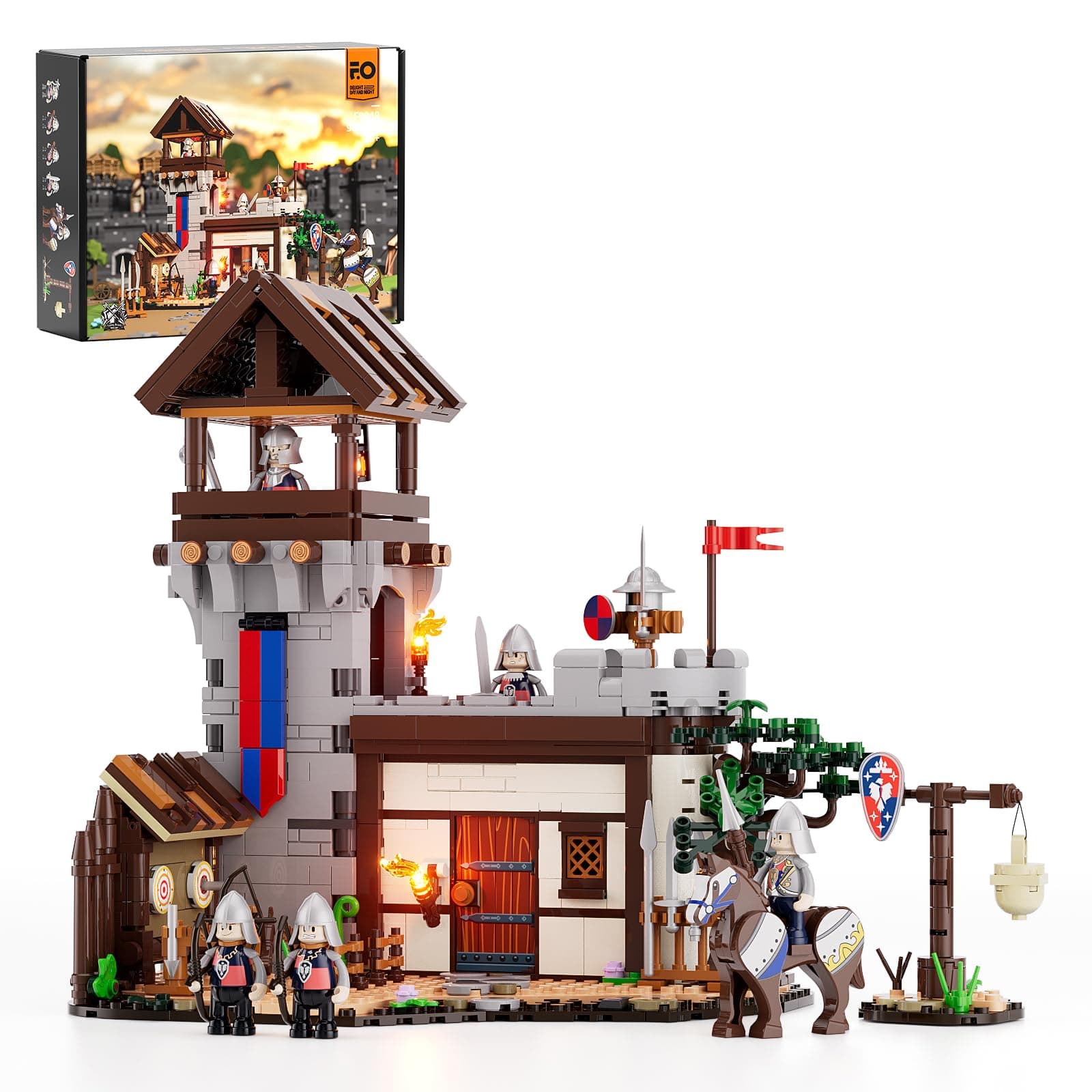 FUNWHOLE Medieval Soldier Training Ground Light-Up Building Blocks Set, 964 PCS Castle-Themed Brick Kit with Gate Structure, Toy for Teens and Adults