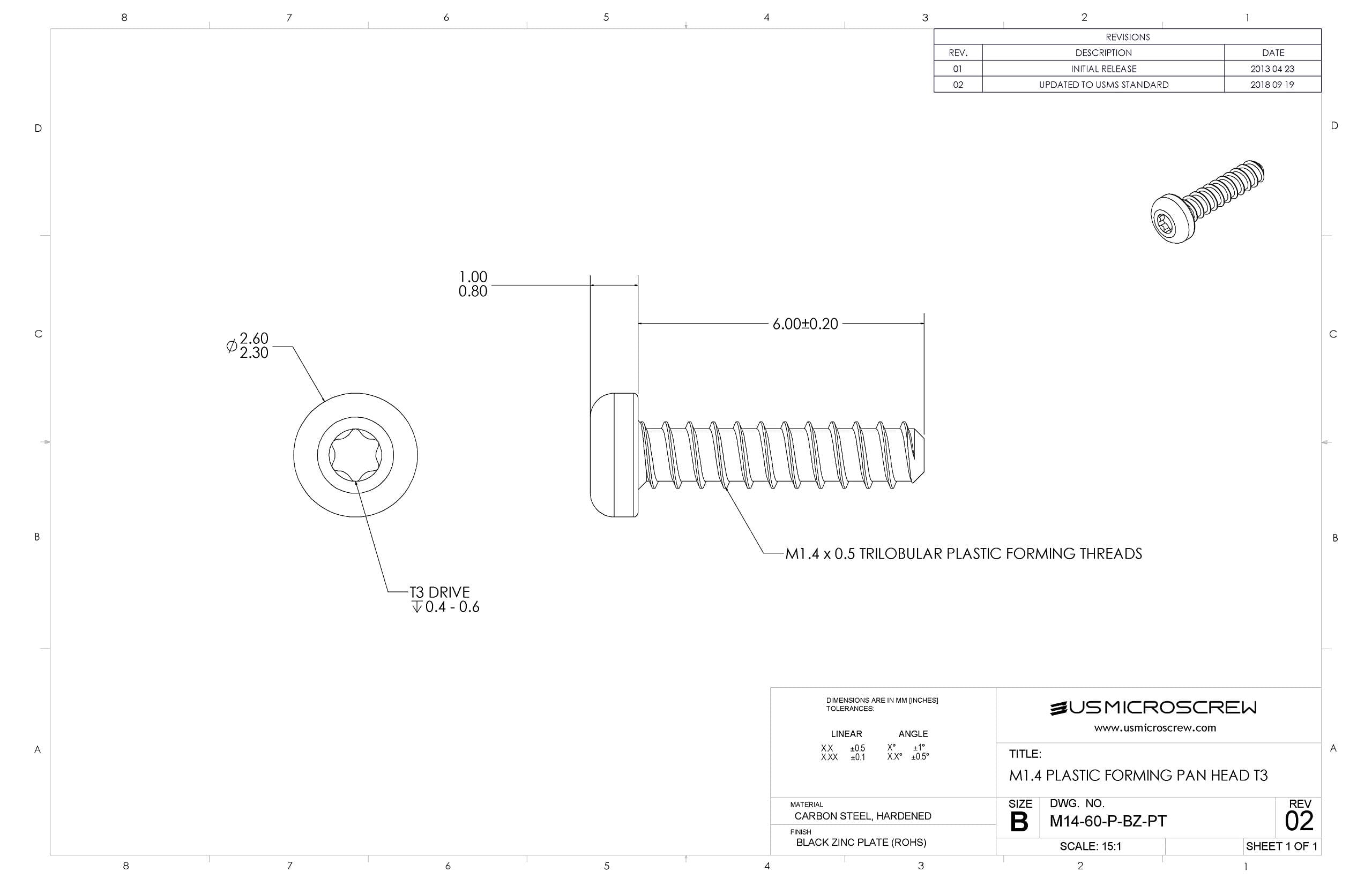 M1.4 X 6mm Plastic Thread Forming Screw Black Zinc Plated Steel Pan Head 6-Lobe Drive (100 Pcs) - M14-60-P-BZ-PT