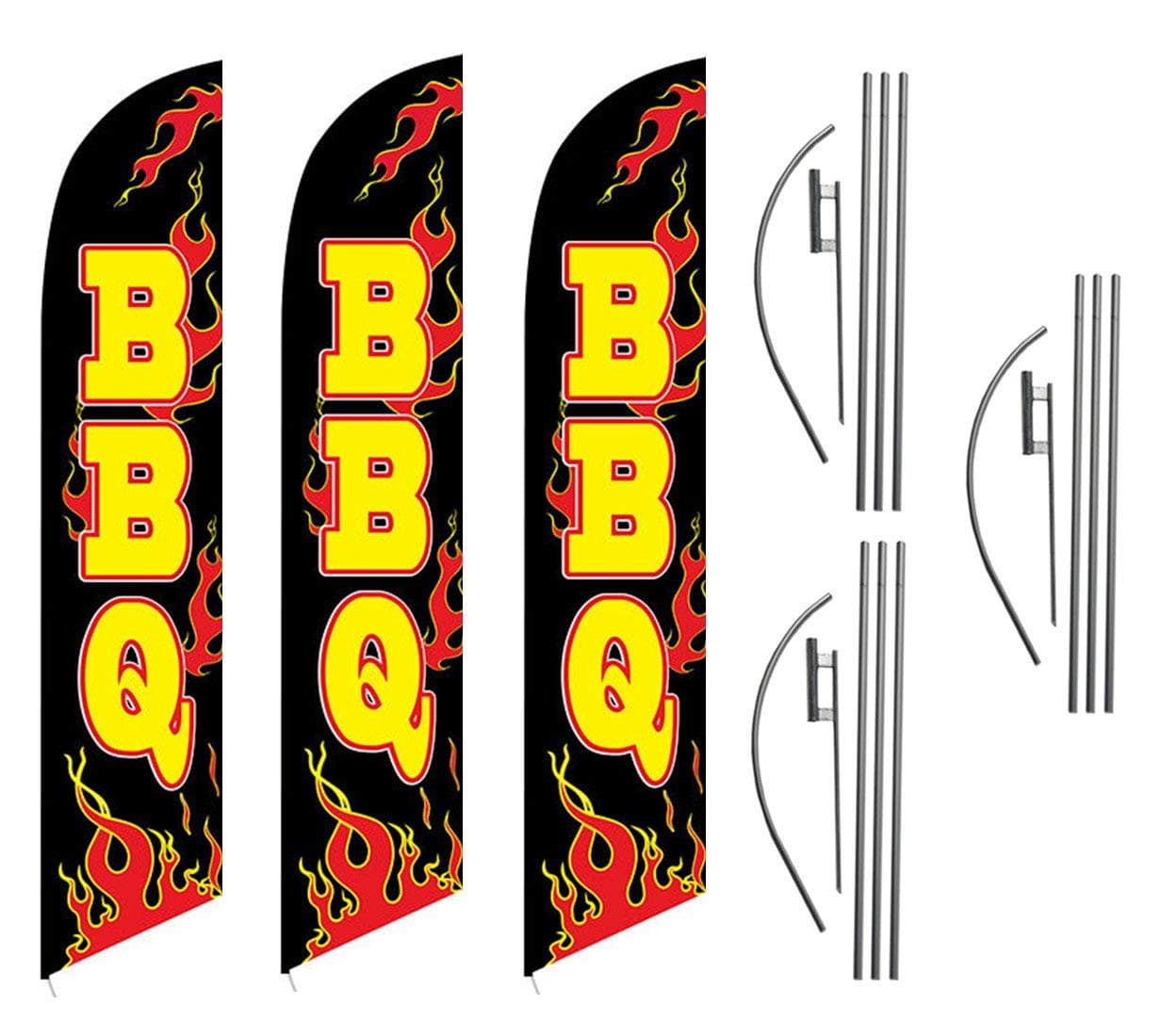 BBQ Barbecue Restaurant Advertising Feather Flag Kits Package, Includes 3 Banner Flags, 3 Flag Poles, and 3 Ground Stakes