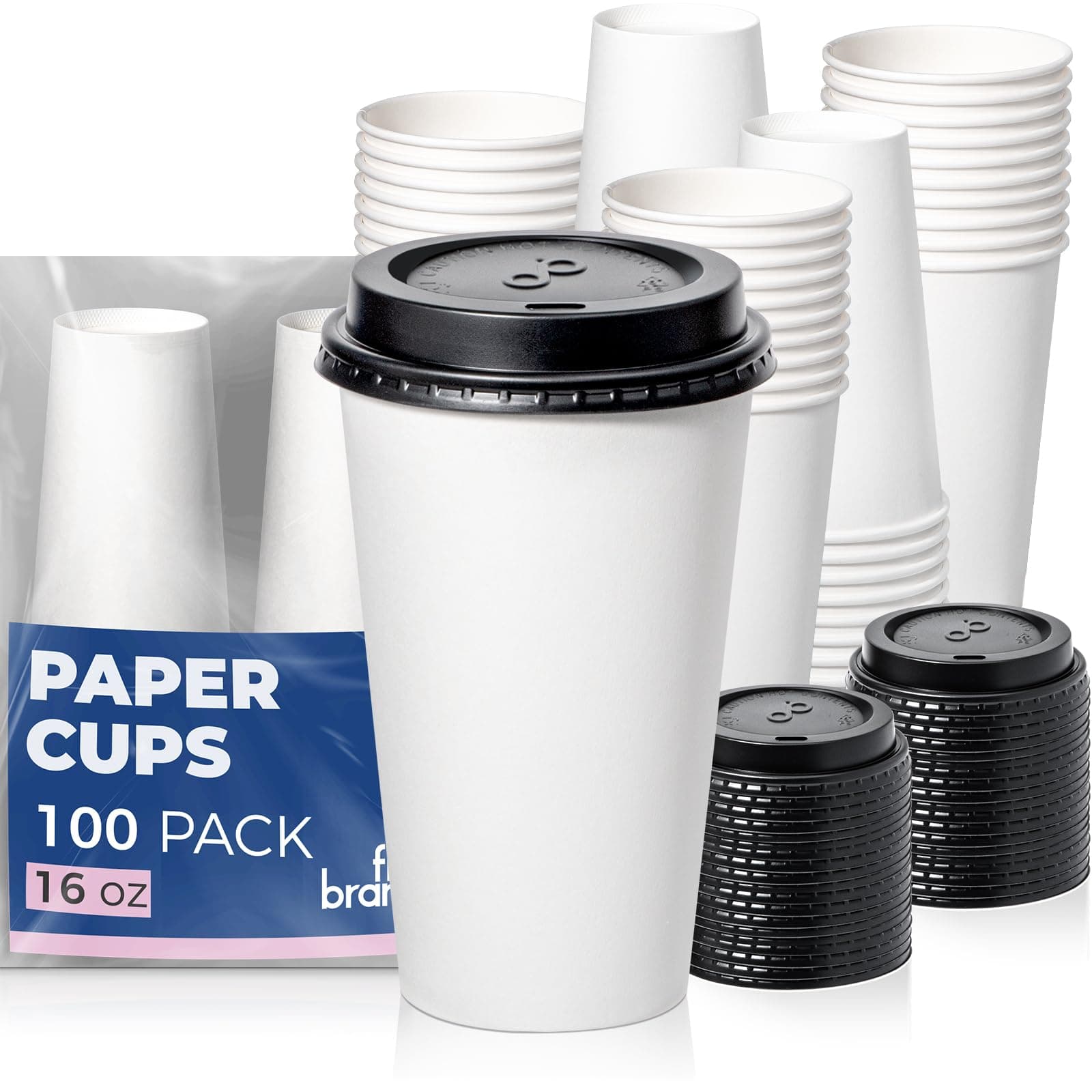 100 Pack 16 oz Disposable Coffee Cups with Lids, Premium To Go Paper Cups, Leak Proof Hot Coffee Cups with Lids for Travel, Office, Hot/Cold Beverages (Black Lids)