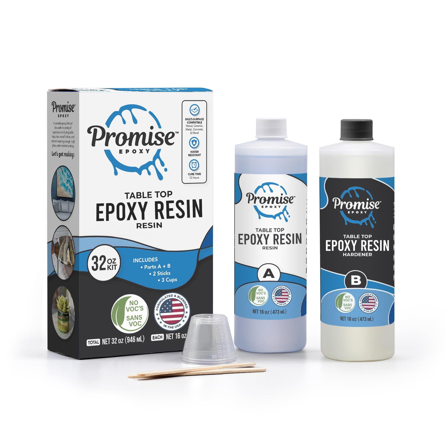 Promise Epoxy Table Top Epoxy Resin Kit 32 Oz – Clear Coat for Table Top Art with Mixing Cups, Stir Sticks, Brushes, and Gloves, Hand Mix DIY Casting Supplies