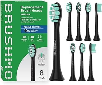 Brushmo Plaque Control Replacement Toothbrush Heads, Compatible with Philips Sonicare Click-on Electric Toothbrush Handles, 8 Standard Replacement Heads, SoftDuPont Bristles, BM928bk, Black