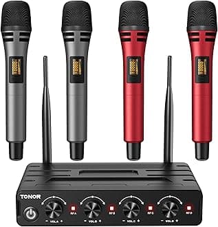 TONOR Wireless Microphones System with 4x10 Channels Cordless Handheld Microfono Inalambrico, UHF Mics with Stable Signal Transmission for Karaoke Singing Party Church Wedding 60 m/200ft Red