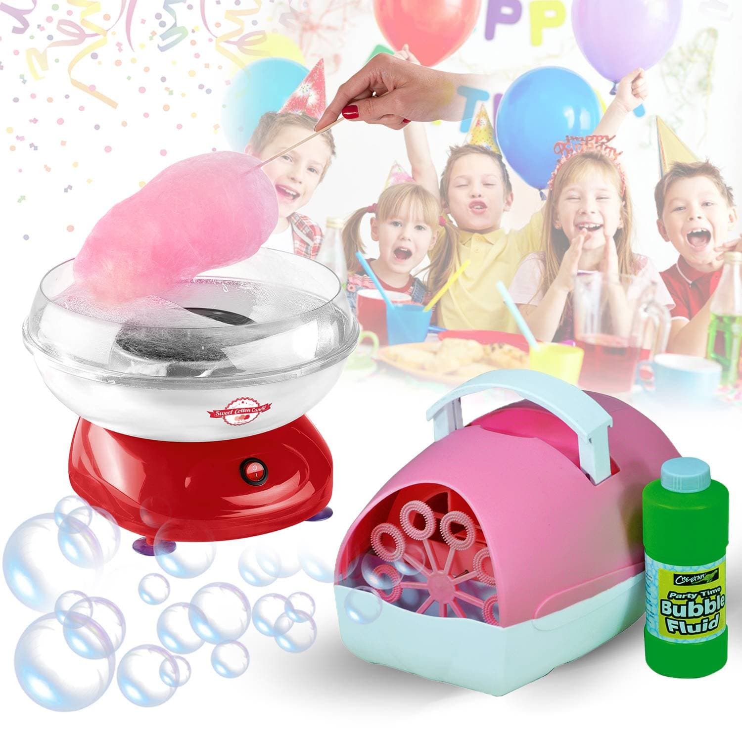Child Birthday Pack – Blue Bubble Machine + Fluid + Cotton Candy Machine