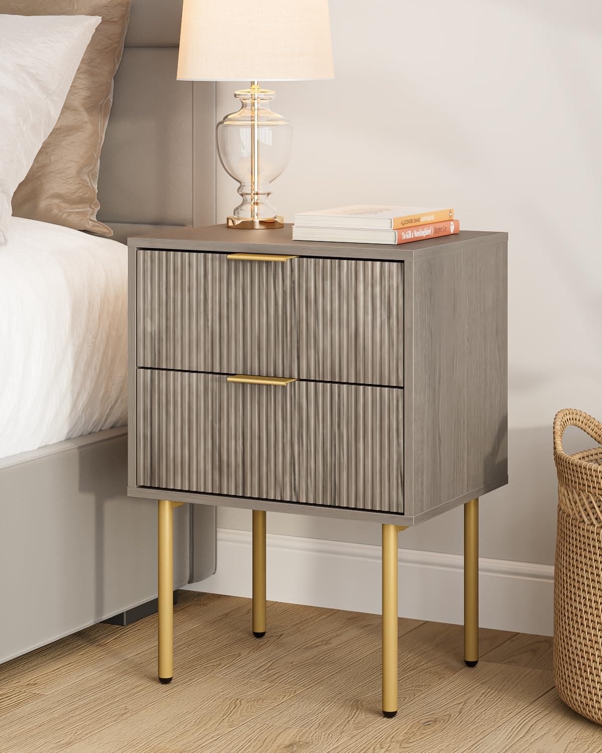 Night Stand,Mid-Century Modern Bedside Table with 2 Storage Drawer,Small Gold Frame Side End Table for Bedroom,Living Room, Grey
