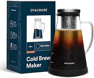 Airtight Cold Brew Iced Coffee Maker and Tea Infuser with Spout - 1.0L / 34oz RJ3 Brewing Glass Carafe with Removable Stainless Steel Filter