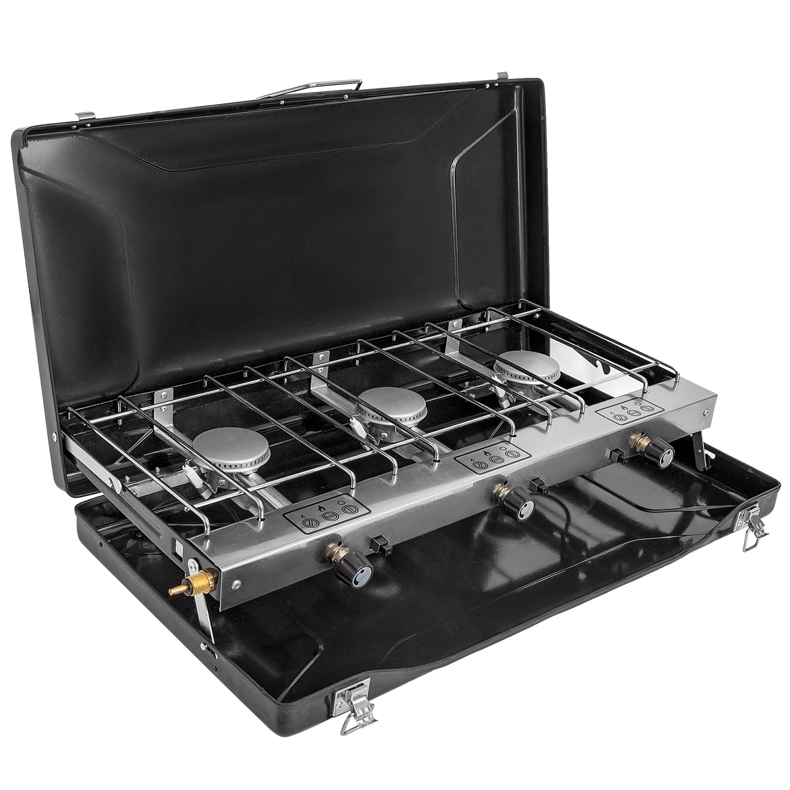 3-Burner Propane Camping Stove, Portable Camp Stove with Adjustable Burners and Push-Button Instant Ignition, Portable Camping Grill, Built-in Carrying Handle for Outdoor Cooking (19800 BTU)