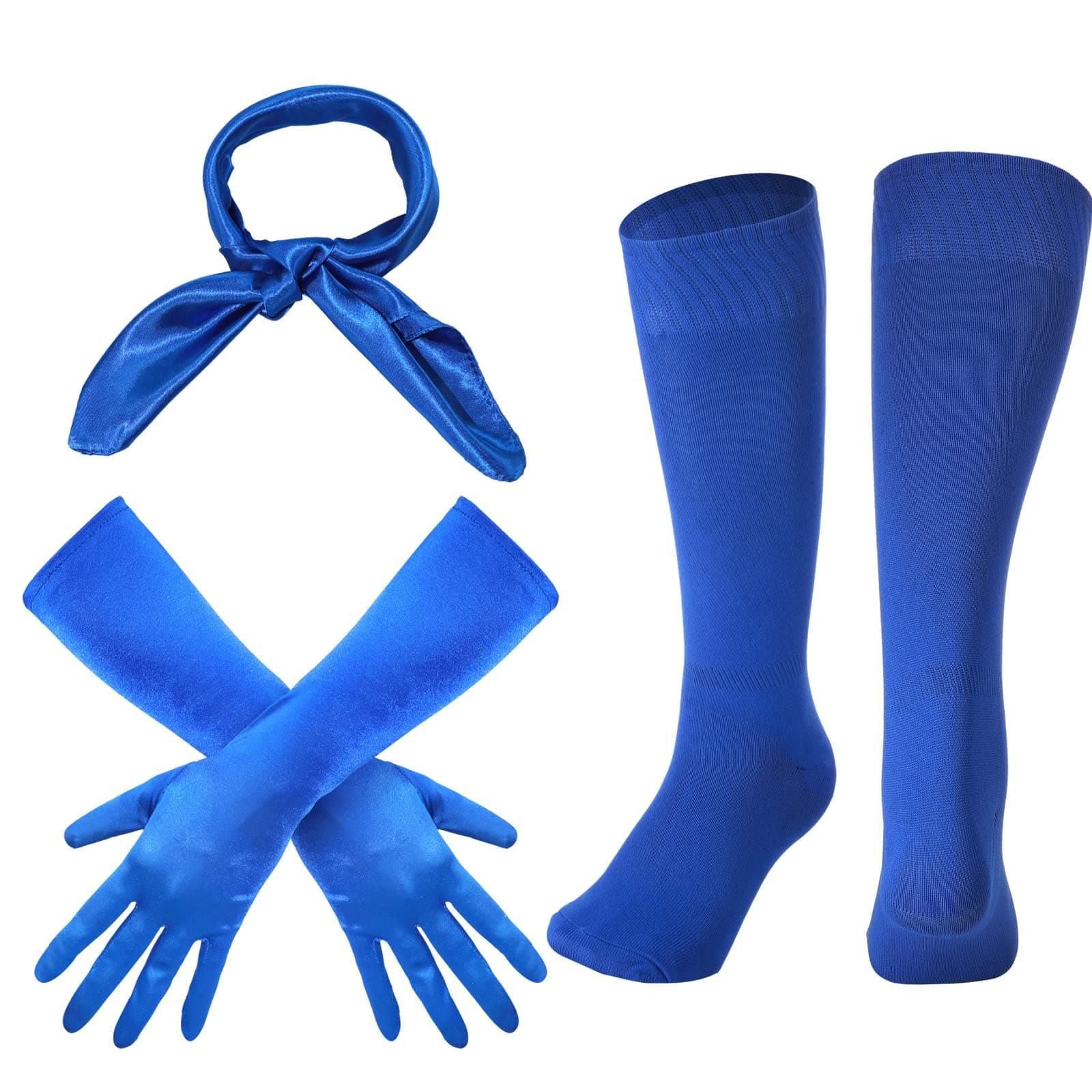 3 Pcs Halloween Costume Accessory Set, Include Retro Square Neck Scarf Neckerchief 15 Inch Stretchy Long Opera Satin Gloves Blue Athletic Compression Socks for Party Cosplay