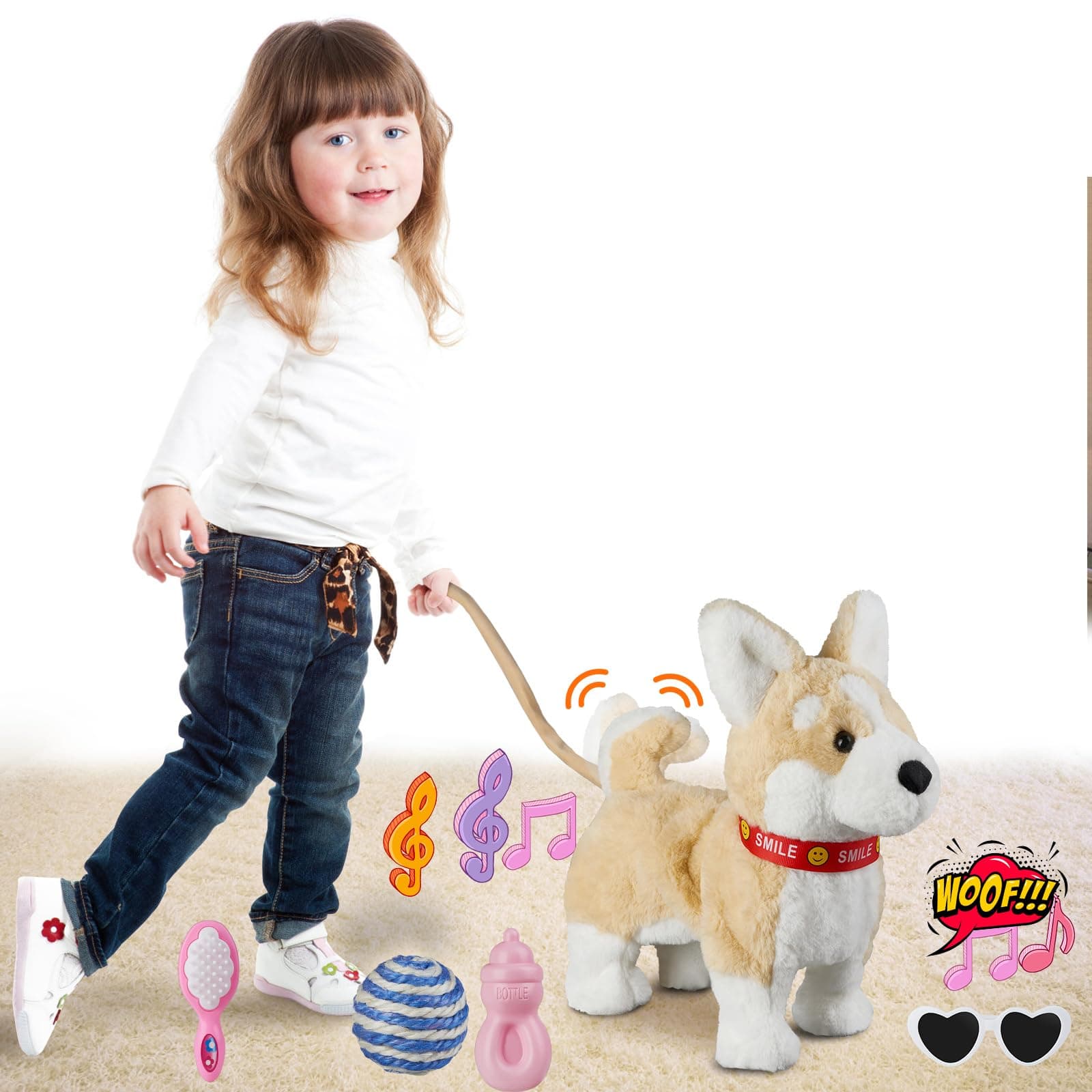 MarsjoyCorgi Dog Running Barking Musical Singing Dance Volume Control Interactive Puppy Walking Leash Tail Wagging Head Electronic Robot Plush Puppy