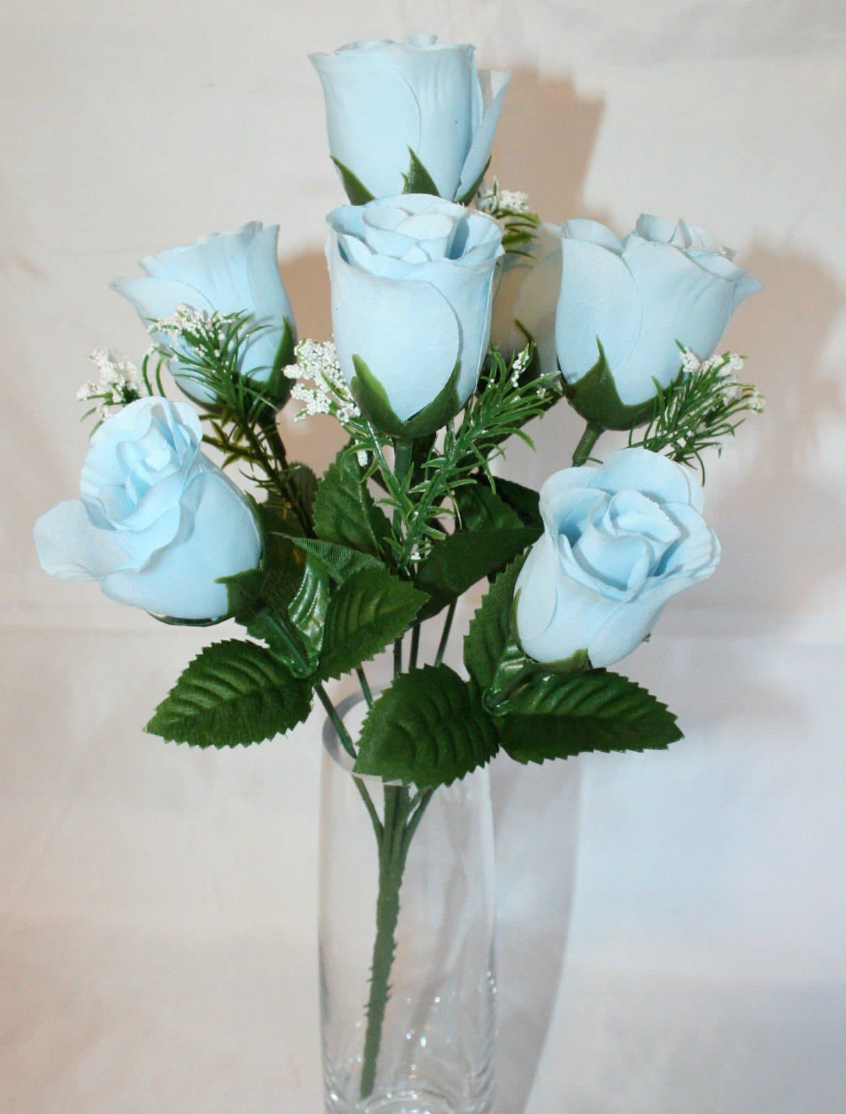 7 Head LIGHT BLUE Rose Buds with Gyp - Artificial Silk Flowers