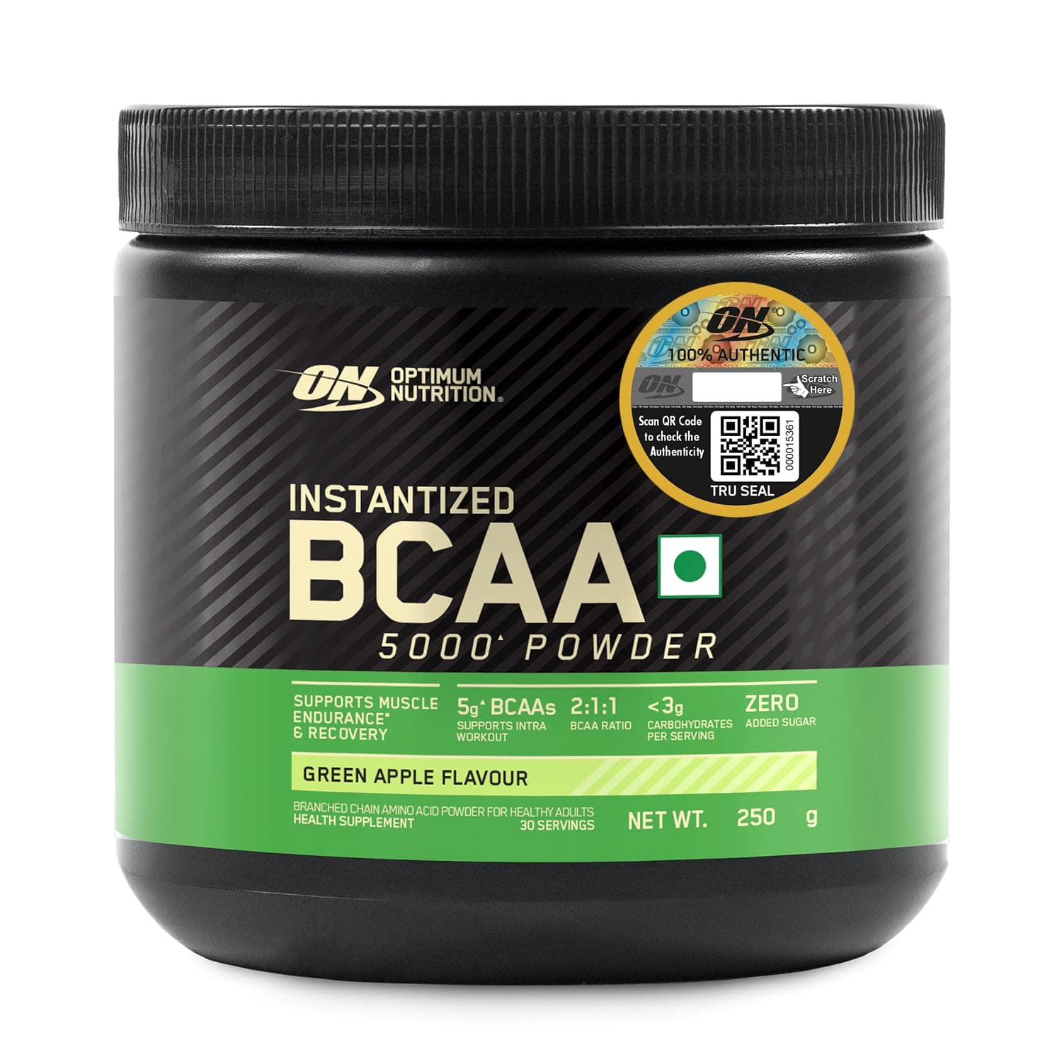 Optimum Nutrition BCAA, 5g BCAAs in 2:1:1 Ratio, 30 servings, For Muscle Recovery & Endurance, Intra workout, Informed Choice certified (250gm, Green Apple)