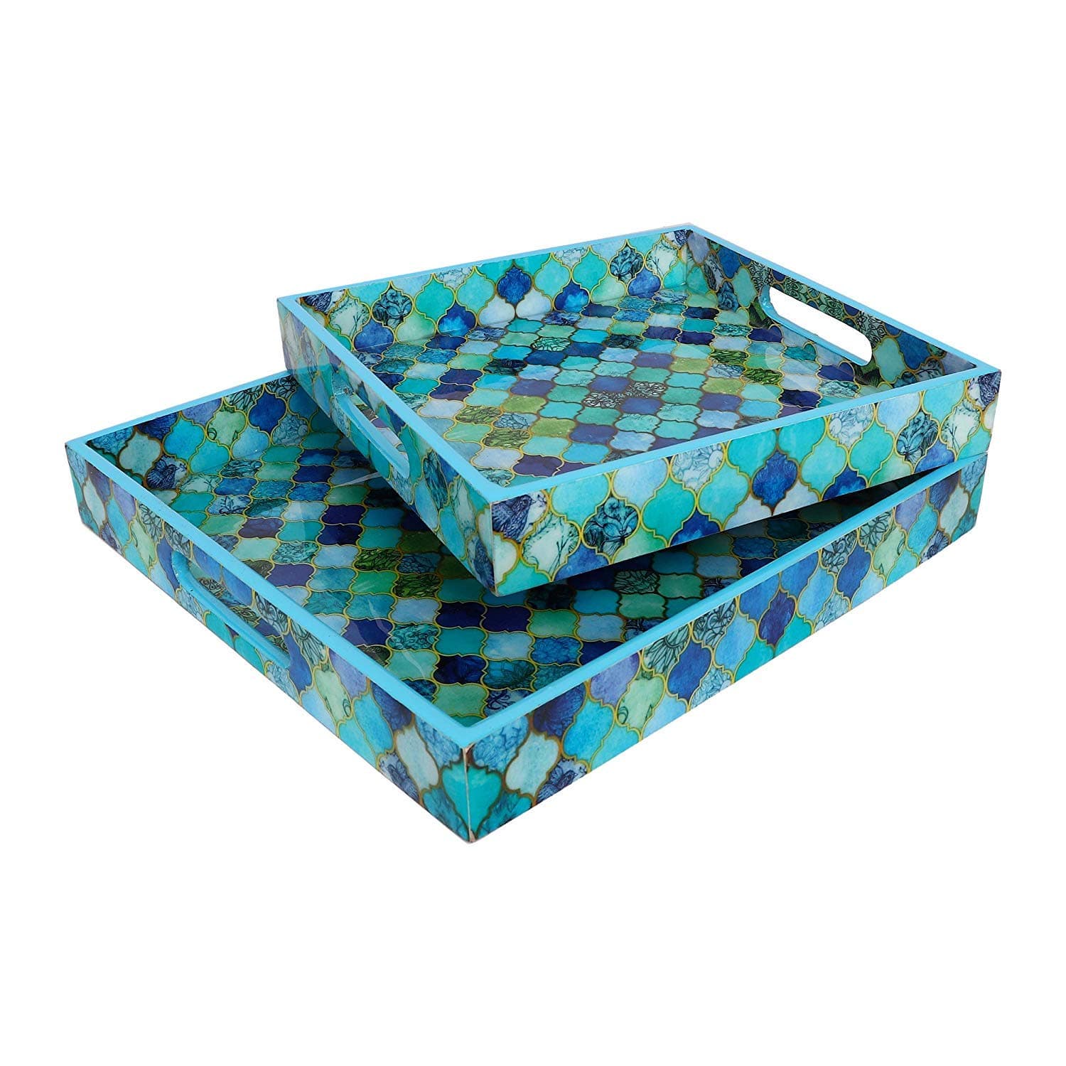 Designer MDF Wooden Serving Trays Set with Handle | Set of 2 Trays | with Special Enamel Coating (Blue Net)