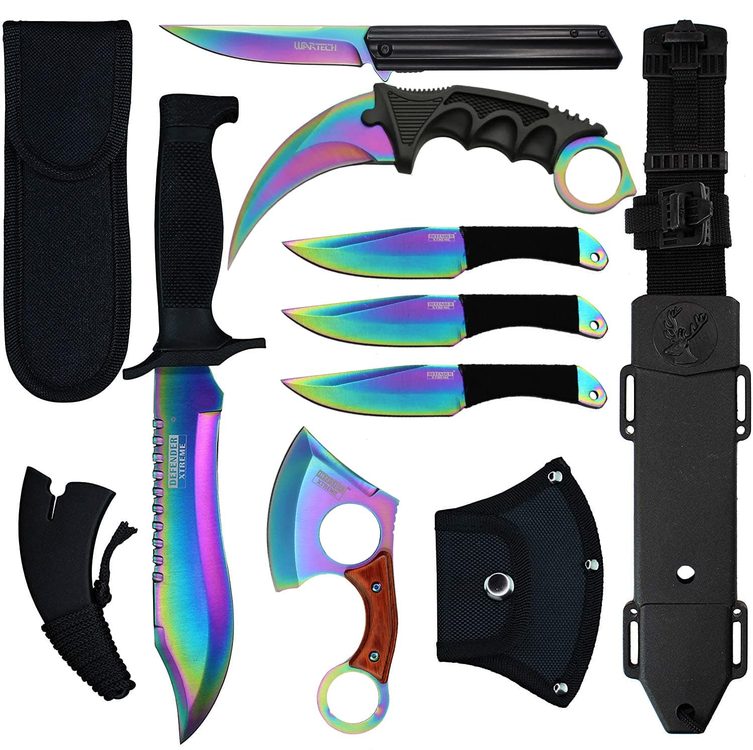 7pc Rainbow Tactical Set | Fixed Blade Knife |Small Pakkawood Axe | Karambit Claw Knife | Spring Assisted Knife| 3pc Throwing Knives | Holt Multi-tool Key Chain
