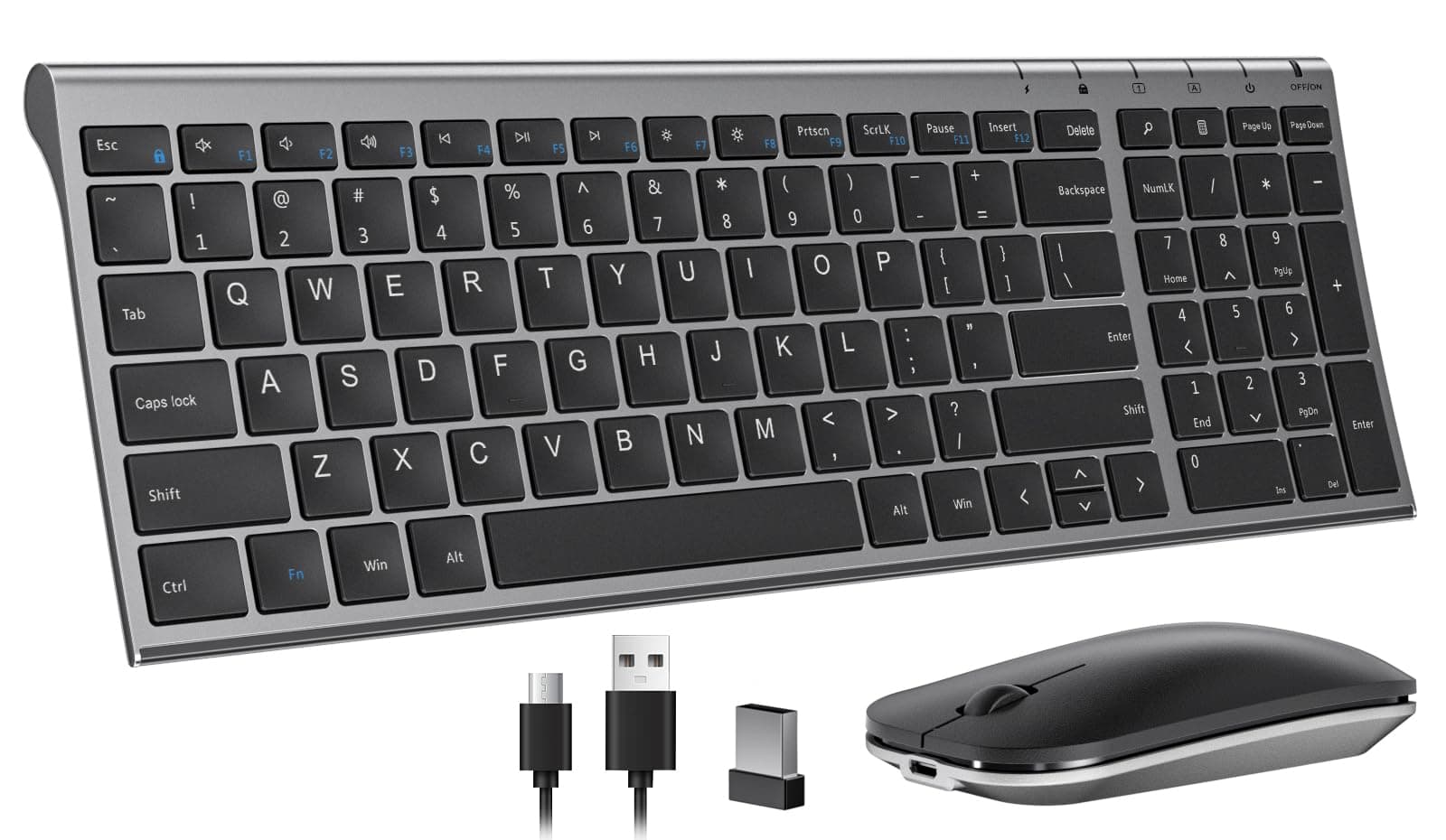 seenda Rechargeable Wireless Keyboard Mouse, Ultra Thin Low Profile Wireless Keyboard and Mouse with Number Pad, Quiet Portable Combo Compatible for Windows XP/7/8/10/11/11 Pro, Black and Grey