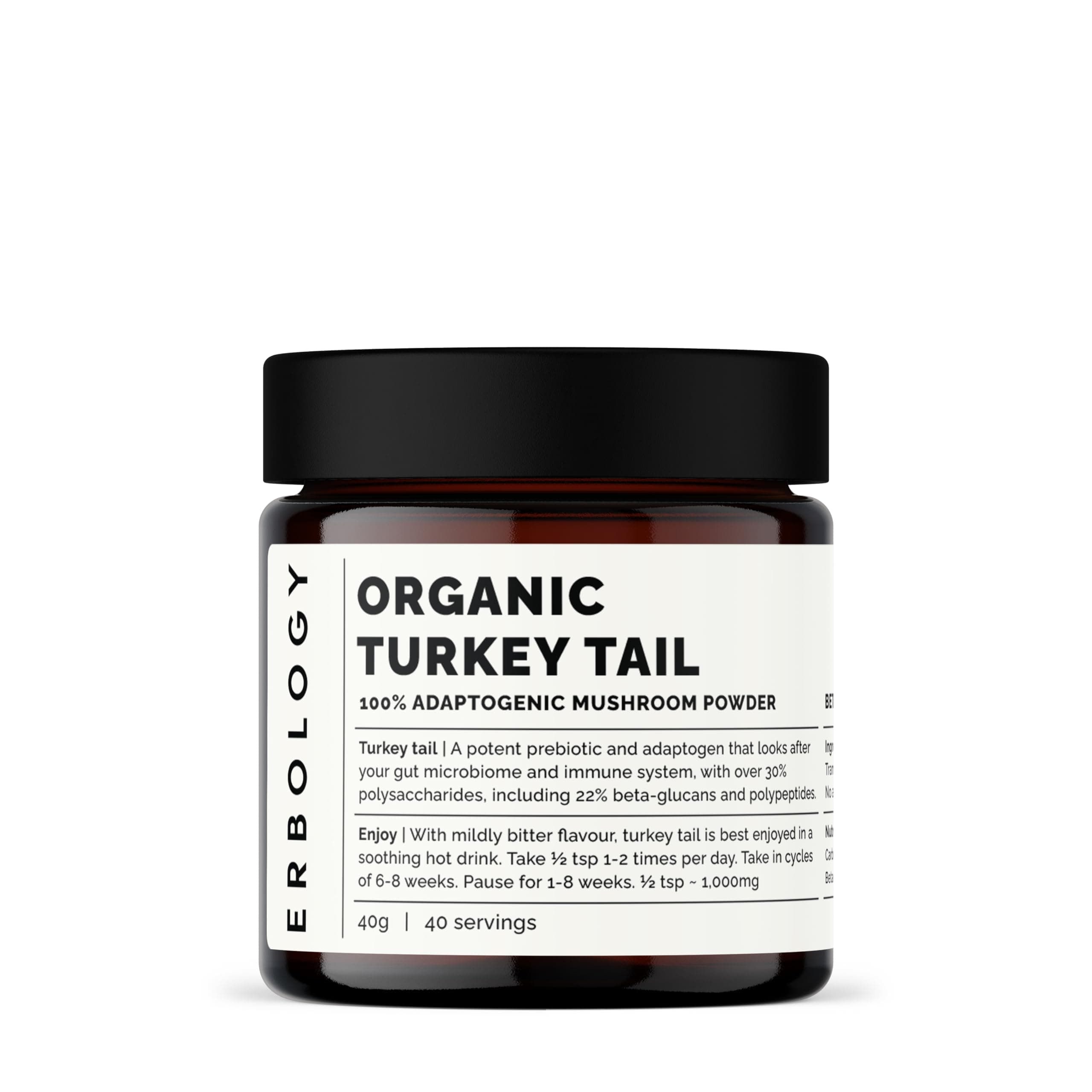 Erbology Organic Turkey Tail Mushroom Powder 40 Servings - 22% Beta-glucans - Prebiotic and Gut Nourishing - Trametes Versicolor - Small Batch - Sustainably Grown in Europe - Vegan - Non-GMO