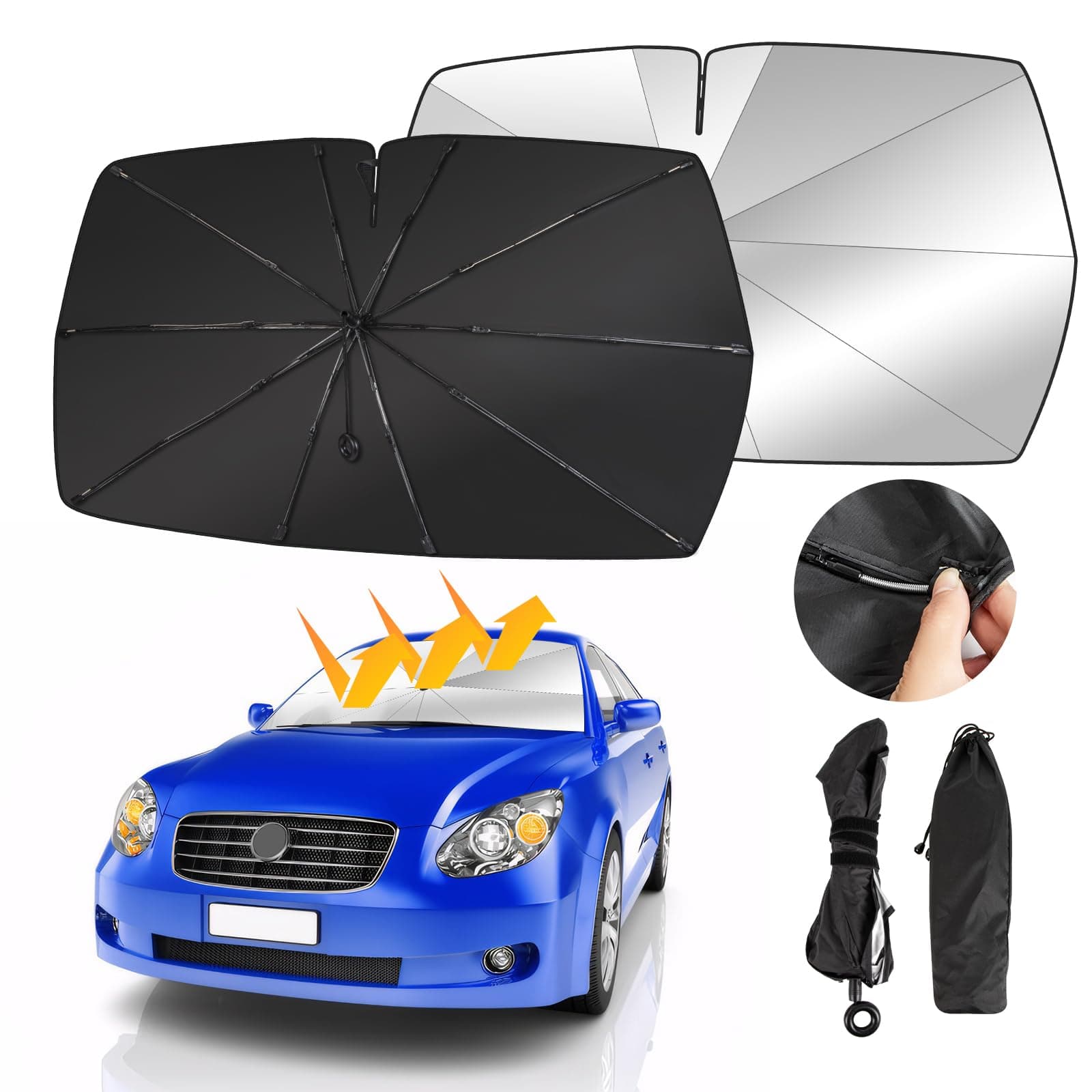 Oziral Car Sun Shade for Windshield Front Window Sunshades Foldable Windscreen Sunshade Umbrella Tail with Spring Folding Suitable for Windscreen Sun Shade UV Protector 140 * 74cm