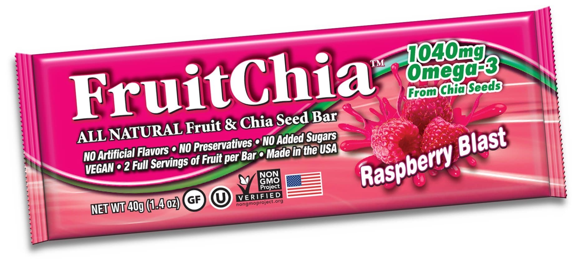 FruitChia Raspberry - All Natural / Real Fruit & Chia Seed Bar W/ Omega-3. Gluten-Free, Kosher & Vegan 2-PACK/BARS