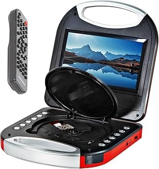 MagnavoxMTFT750-RD Portable 7 inch TFT DVD/CD Player with Remote Control and Car Adapter in Red | Rechargeable Battery | Headphone Jack | Built-in Speakers |