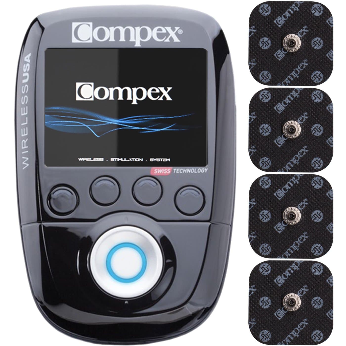Compex Wireless USA Black Muscle Stimulator Bundle Kit: Muscle Stim, 16 Snap Electrodes, 9 Programs, Wireless PODs, Charge Station / 4 strength, 2 warm-up, 3 recovery