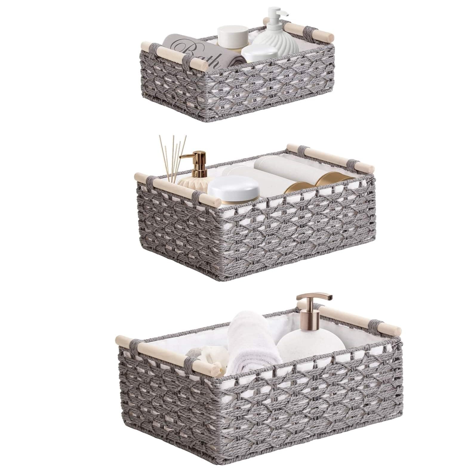 DECOMOMO Storage Basket Woven Baskets Storage Organization Small Basket Boho Décor for Bathroom Macrame Gift Basket Bedroom Pantry Closet Living Room Shelves (Grey – 3 Pack)