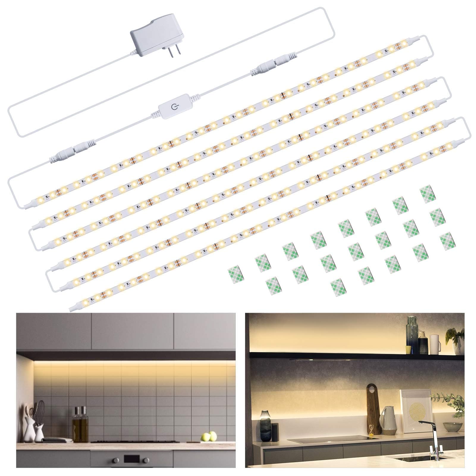 Under Cabinet LED Lighting Kit, LED Strip Light with Dimmer and Adapter, Under Counter Lights for Kitchen 9.8FT Dimmable Lights for Kitchen Cabinet, Counter, Shelf, TV Back, Closet 3000K Warm White
