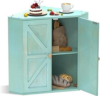 Corner Bread Box for Kitchen Counter Double Layer Bamboo Bread Storage Container Large Capacity Bread Storage Bin Farmhouse Breadbox Organizer (Antique Blue)