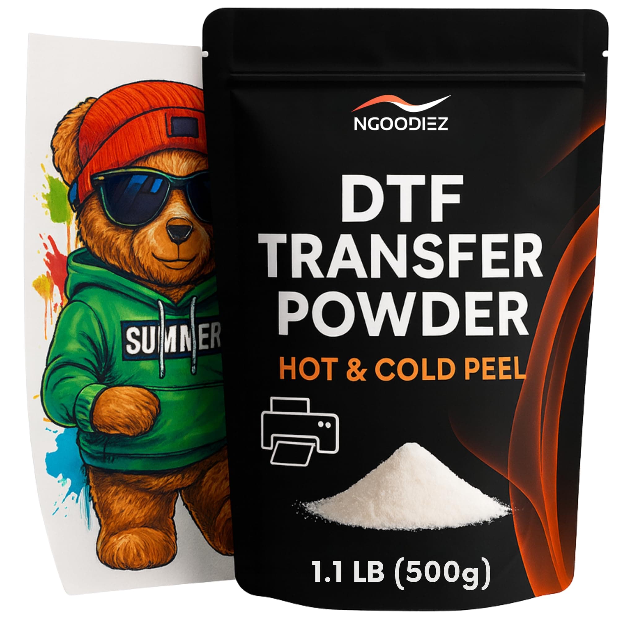 NGOODIEZ DTF Powder White 500g - DTF Transfer Hot Melt Adhesive Powder for Sublimation, Clump-Free PreTreat Powder for All Fabrics Cotton Polyester, Works with Epson L1800 XP600 DTF DTG Printers