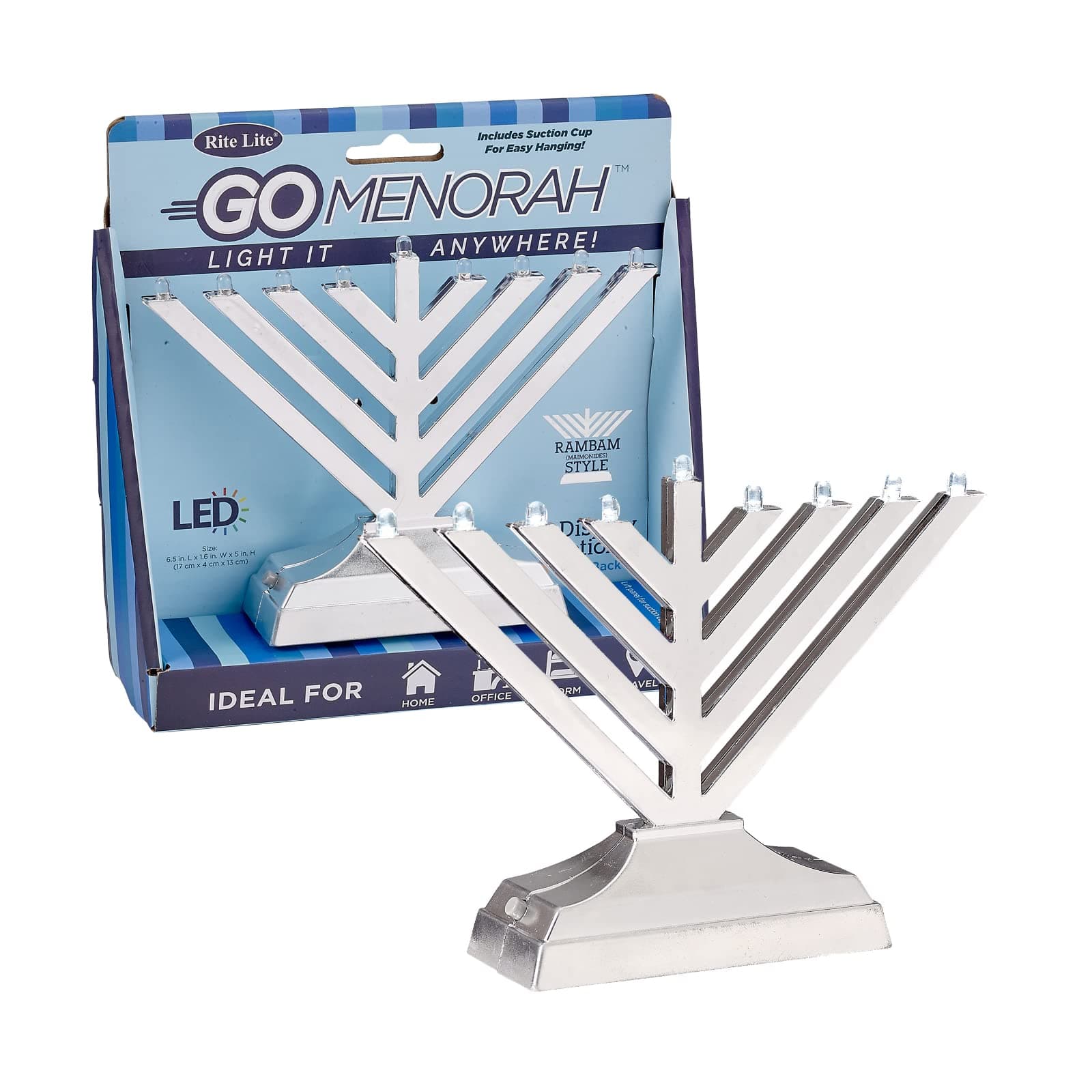 Rite Lite Rambam Style Go Menorah Silvertone Electric With Blue Lights - Chanukah Perfect Hanukkah Gift Modern