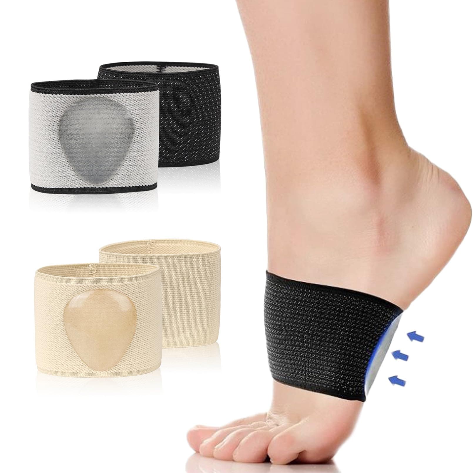 Foot Arch Support Bands,2 Pairs Arch Support Socks for Flat Foot Pain Relief with Gel Pads,Arch Support Sleeve for Women & Men Foot Care (L,Black and Beige)